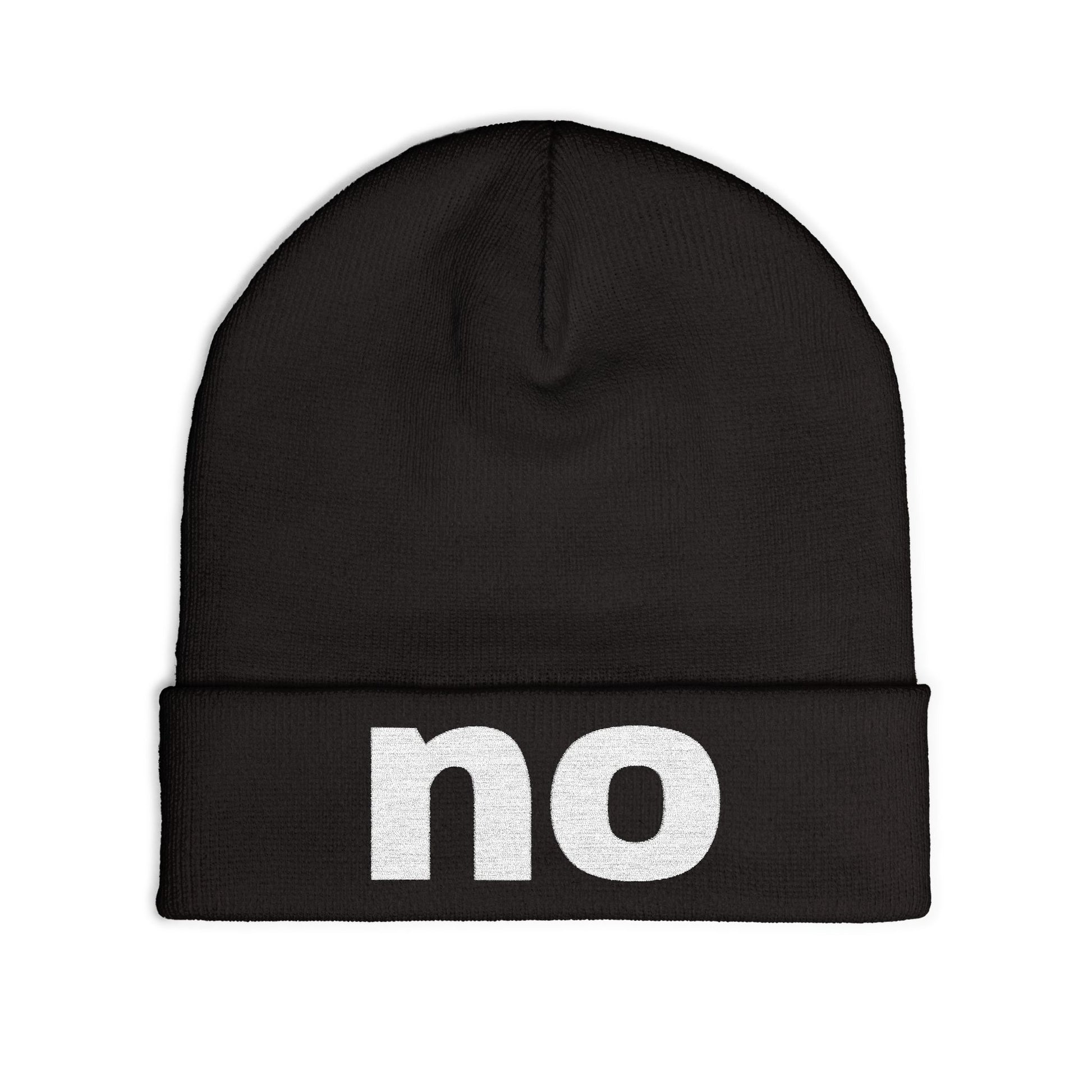 Embroidered beanie with the word “no”.
