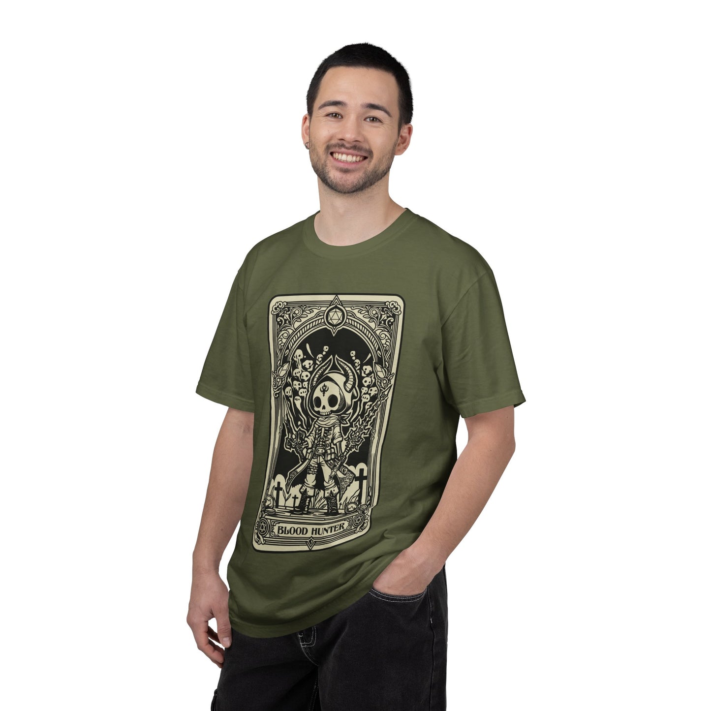 Man wearing a green t-shirt with a DND Blood Hunter Tarot Card on a white background