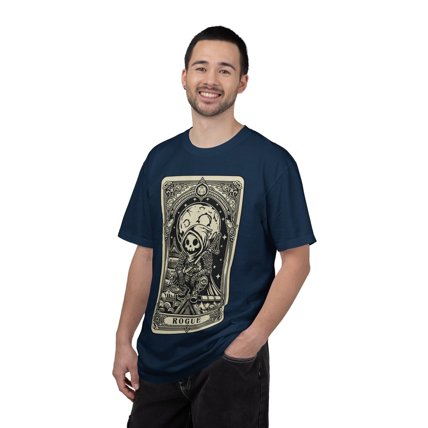 Man wearing a navy blue DND Rogue t-shirt with a graphic design on a white background