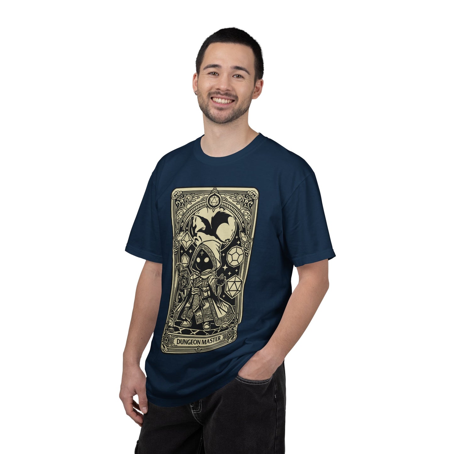Man wearing a navy blue t-shirt with a dungeon master design on a white background