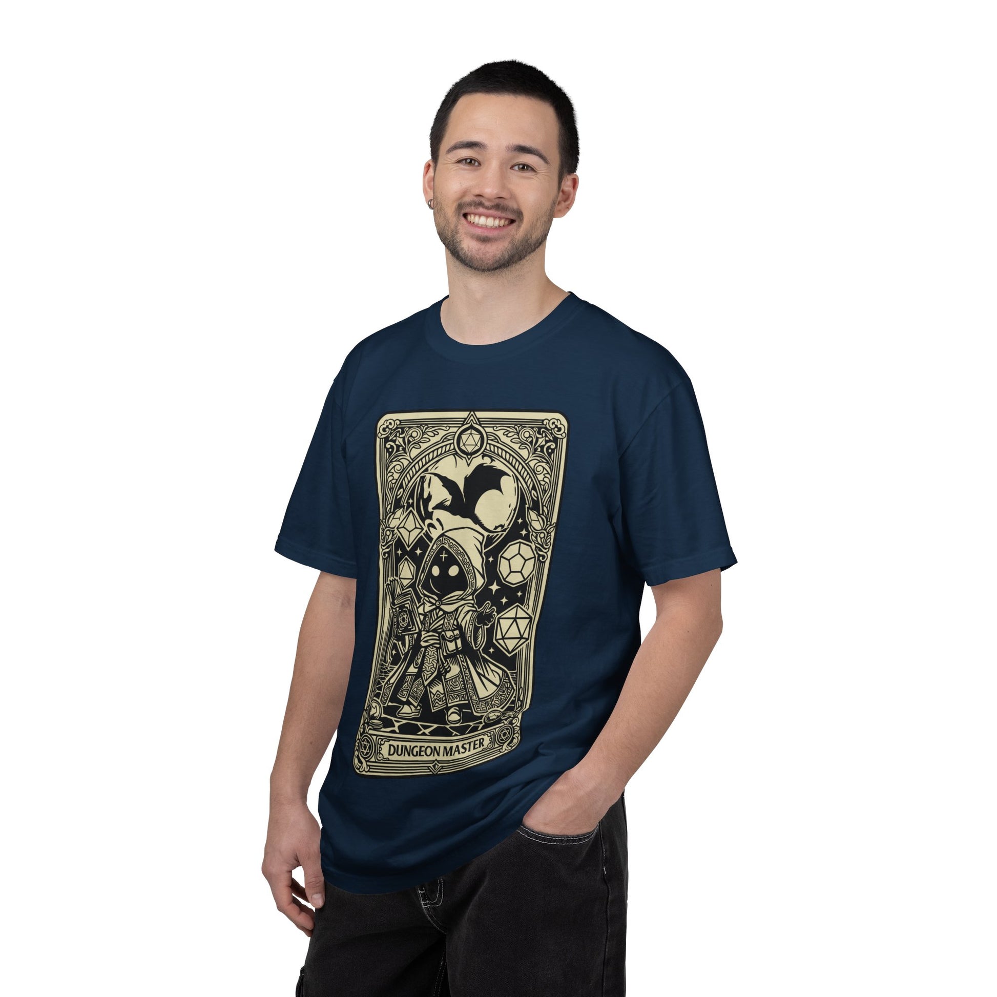 Man wearing a navy blue t-shirt with a dungeon master design on a white background