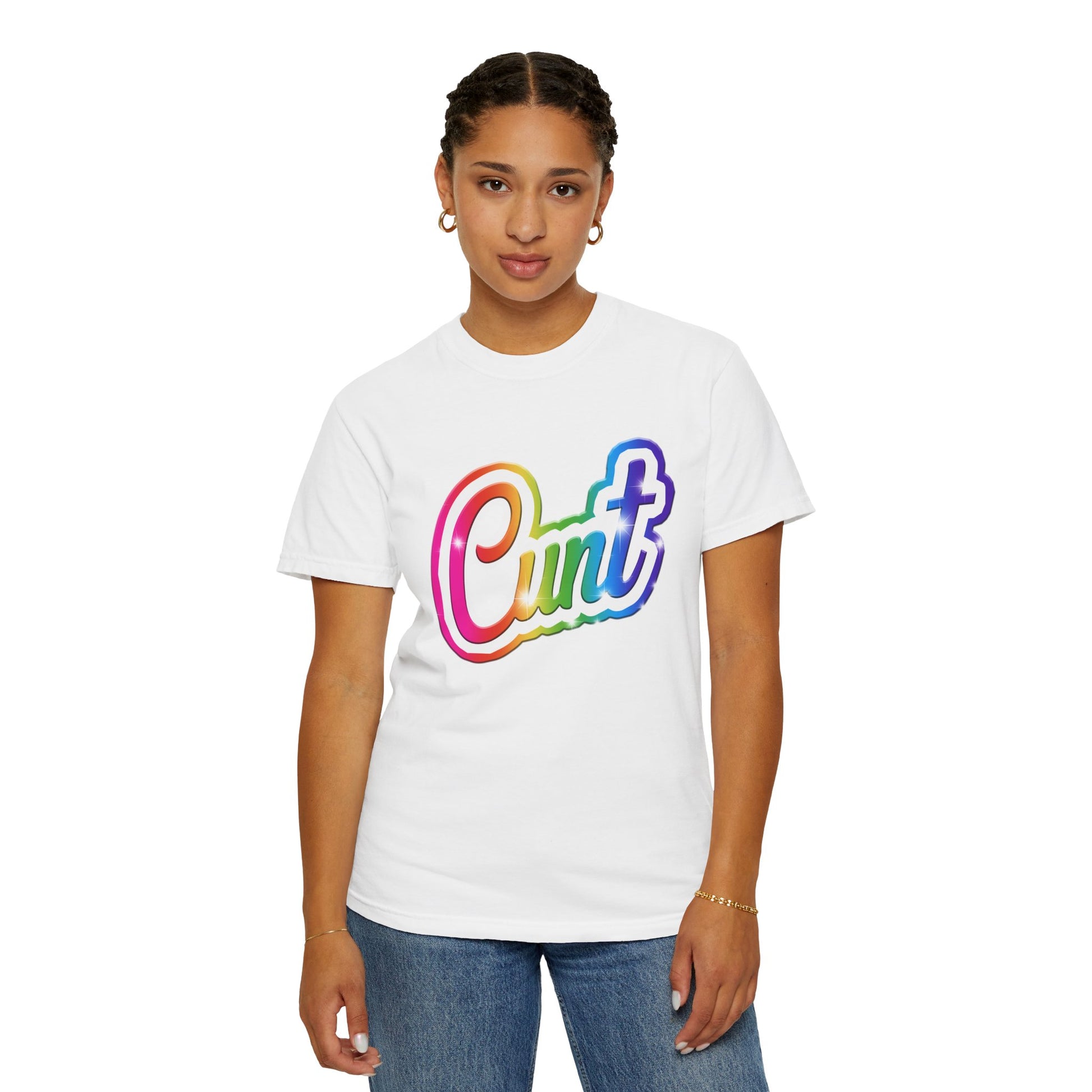 Unisex T-shirt with rainbow Lisa Frank style Cunt lettering.