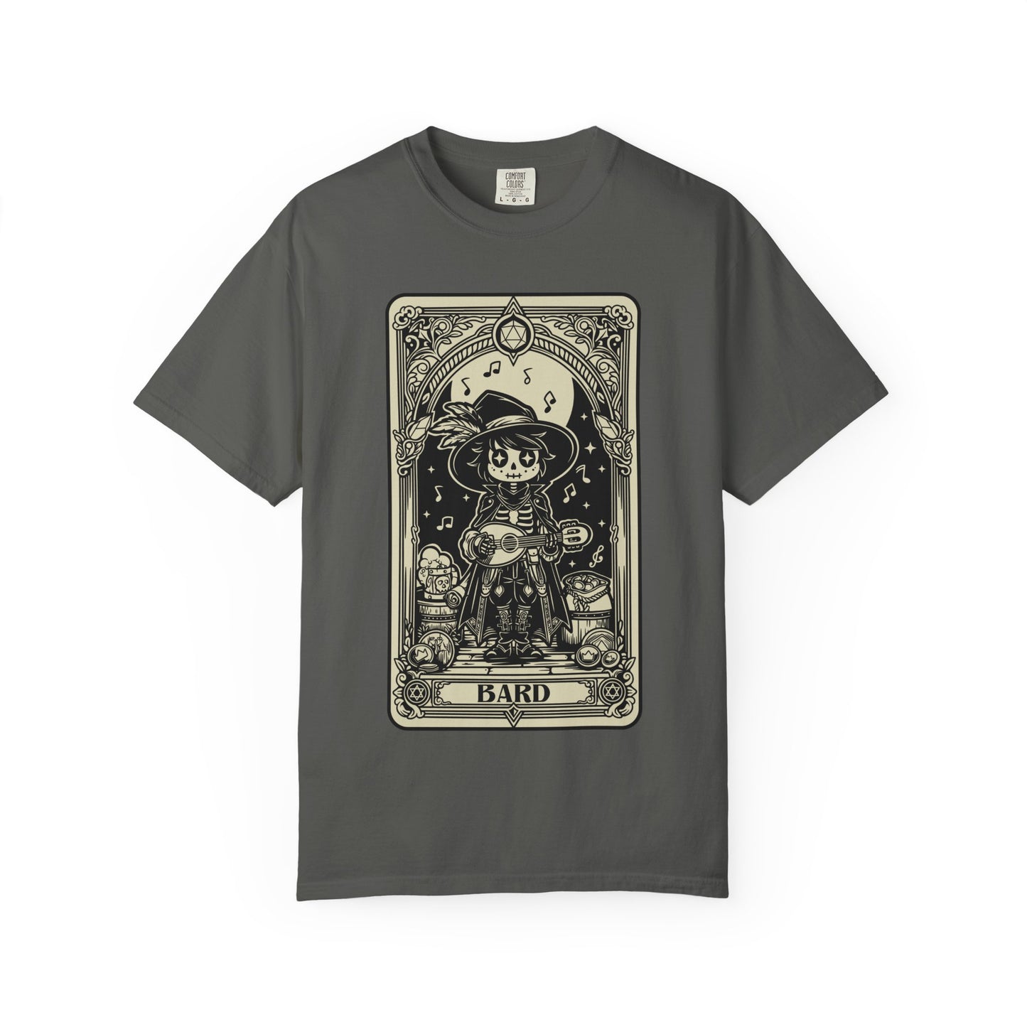 Gray t-shirt with a DND Bard Tarot design on a white background