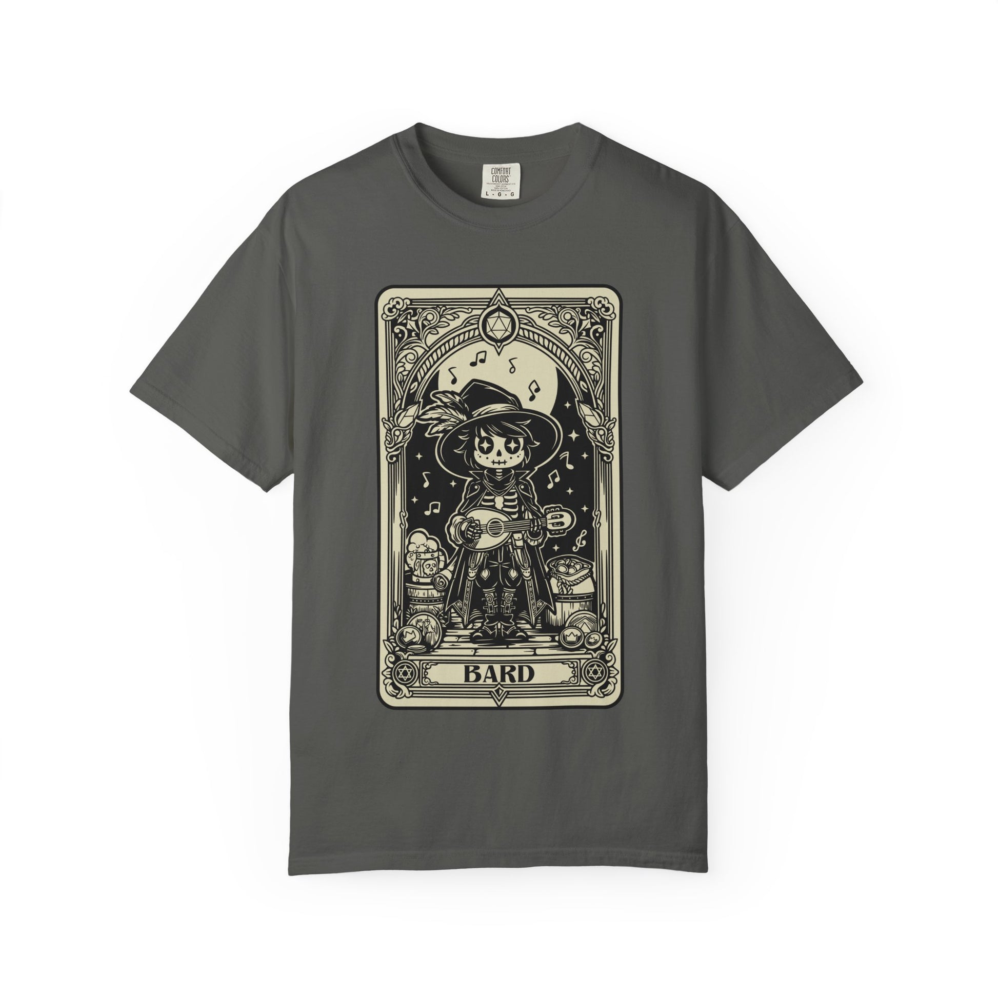 Gray t-shirt with a DND Bard Tarot design on a white background