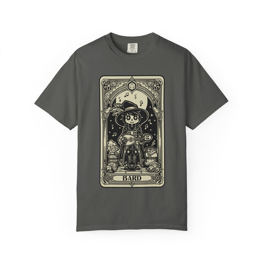 Gray t-shirt with a DND Bard Tarot design on a white background