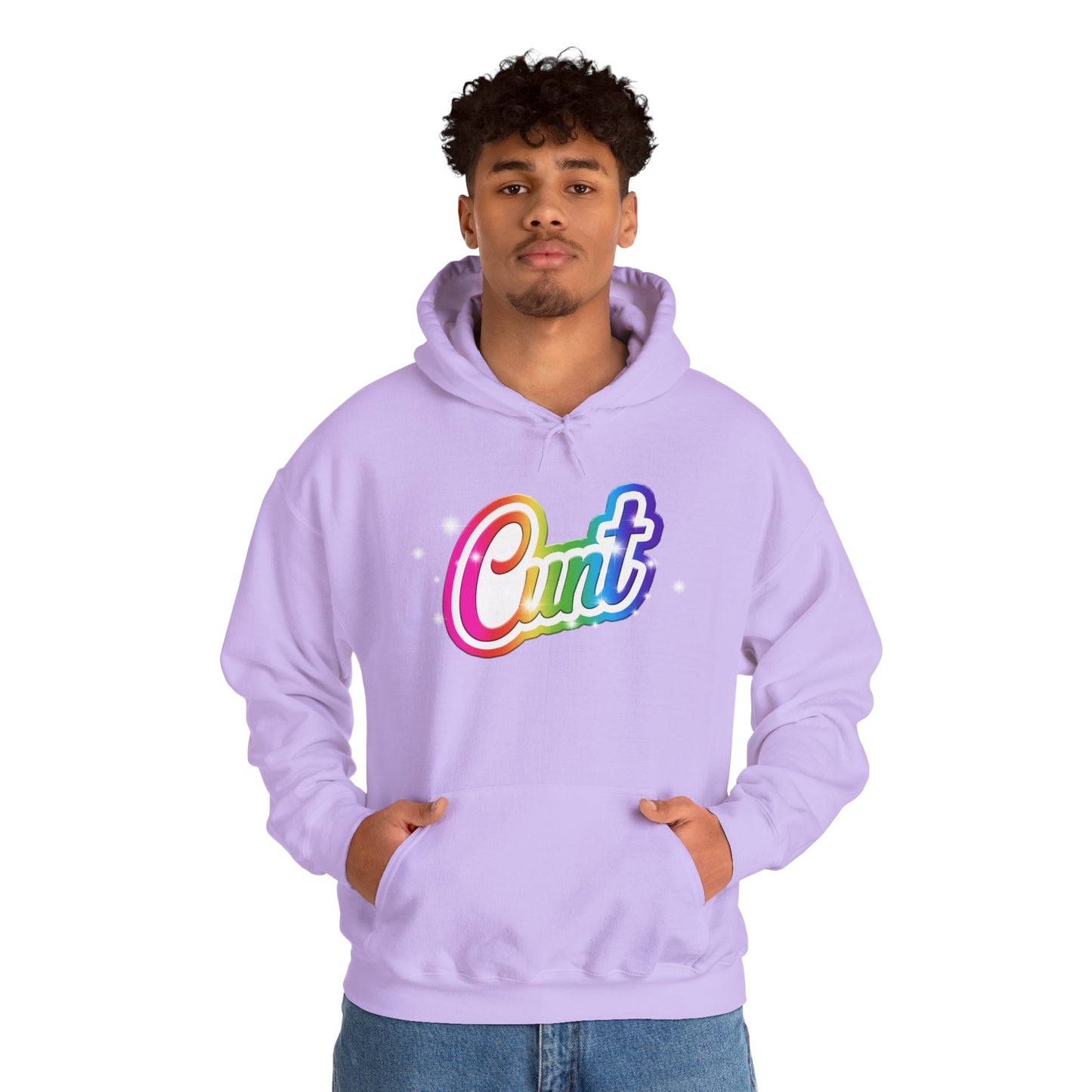 Unisex Hoodie with Lisa Frank Style lettering that says CUNT.