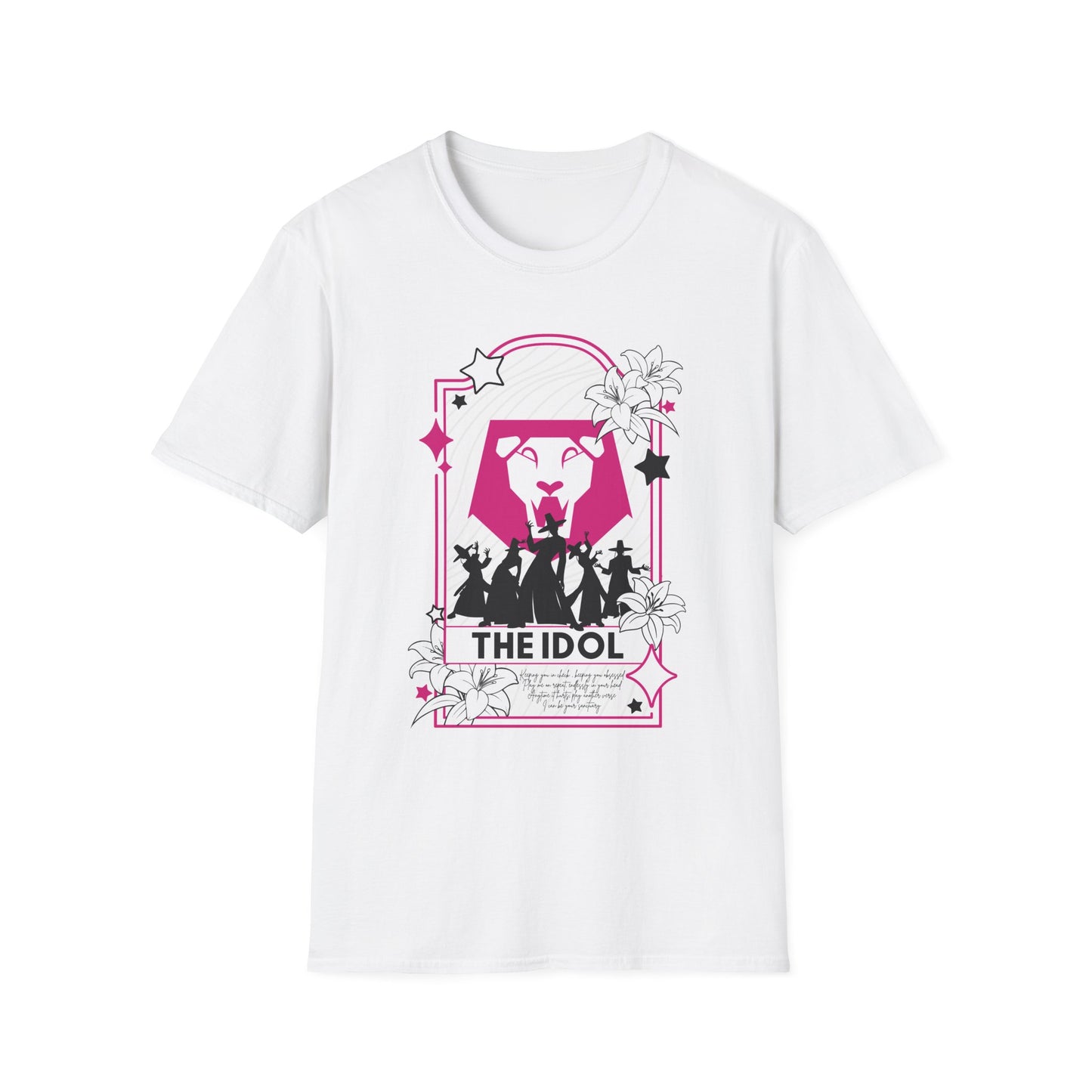 KPOP-inspired Saja Boys tarot card t-shirt featuring the Saja Boys as The Idol. Perfect for fans of KPOP, tarot, and unique fashion.