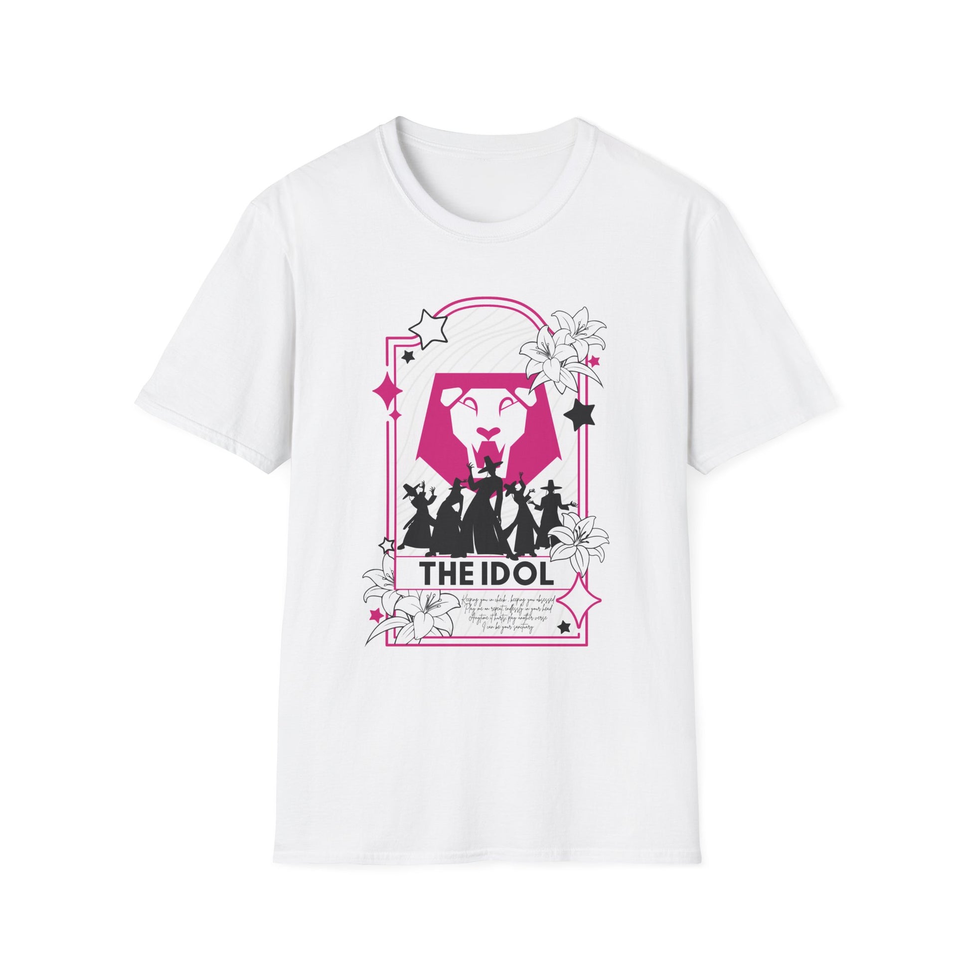 KPOP-inspired Saja Boys tarot card t-shirt featuring the Saja Boys as The Idol. Perfect for fans of KPOP, tarot, and unique fashion.