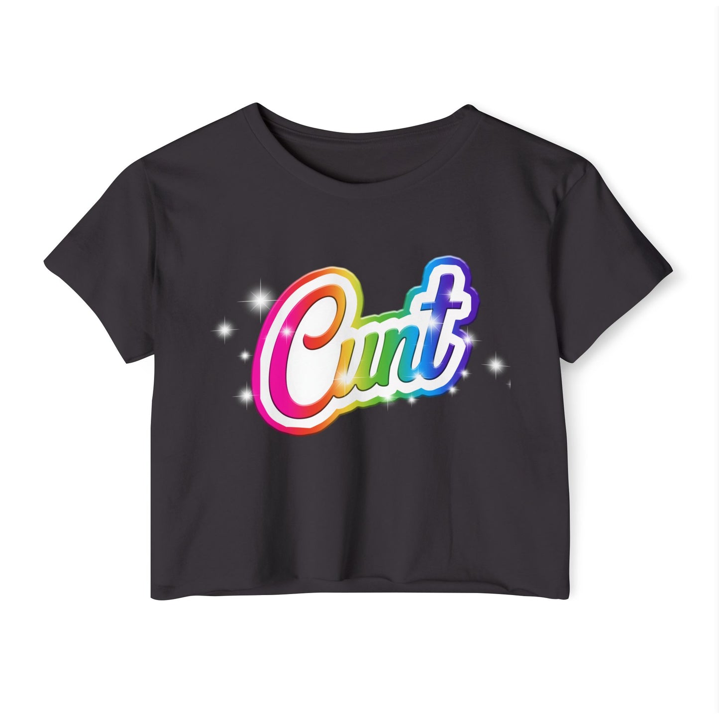 Crop top t-shirt with rainbow Lisa Frank style Cunt lettering.