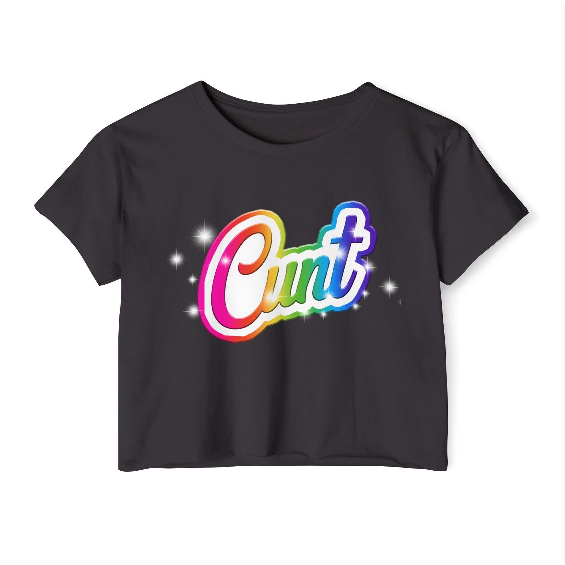 Crop top t-shirt with rainbow Lisa Frank style Cunt lettering.