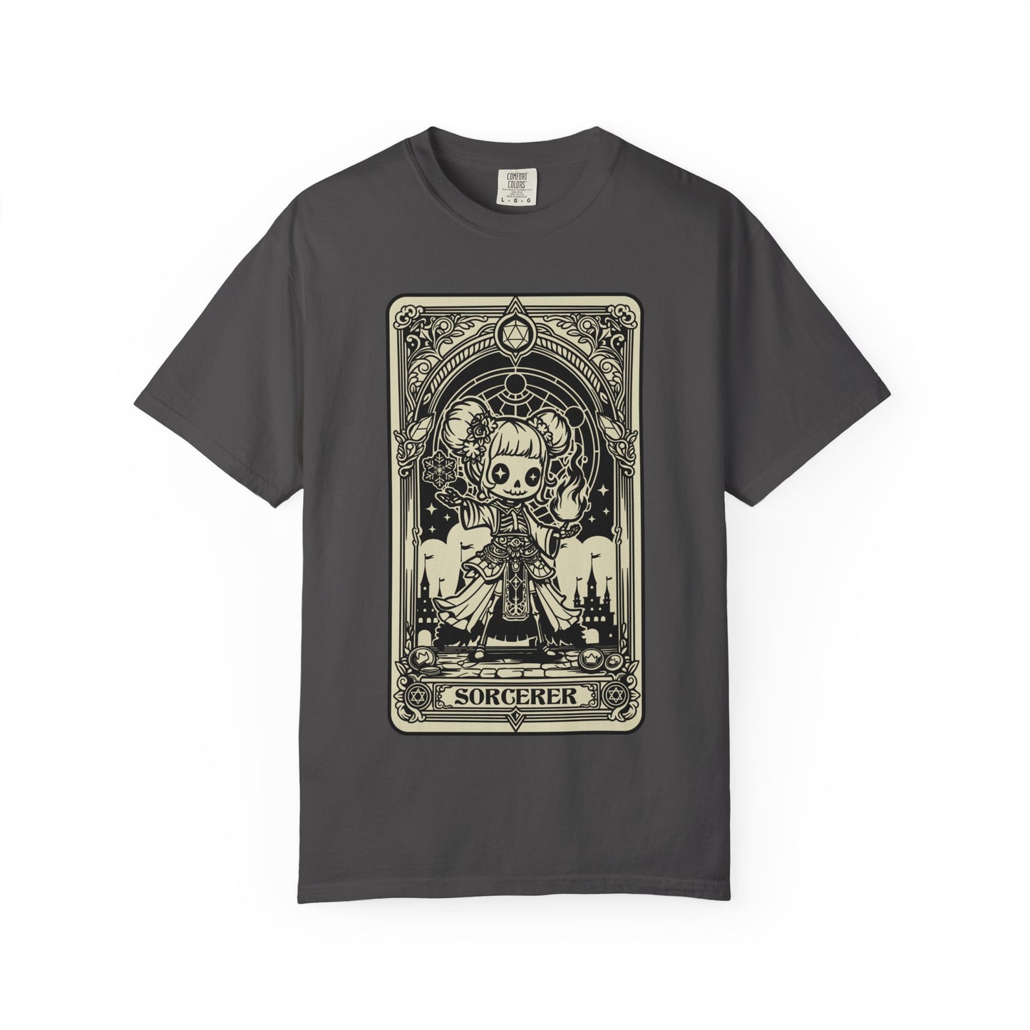 Gray t-shirt with a tarot card-style graphic of a sorcerer on a white background