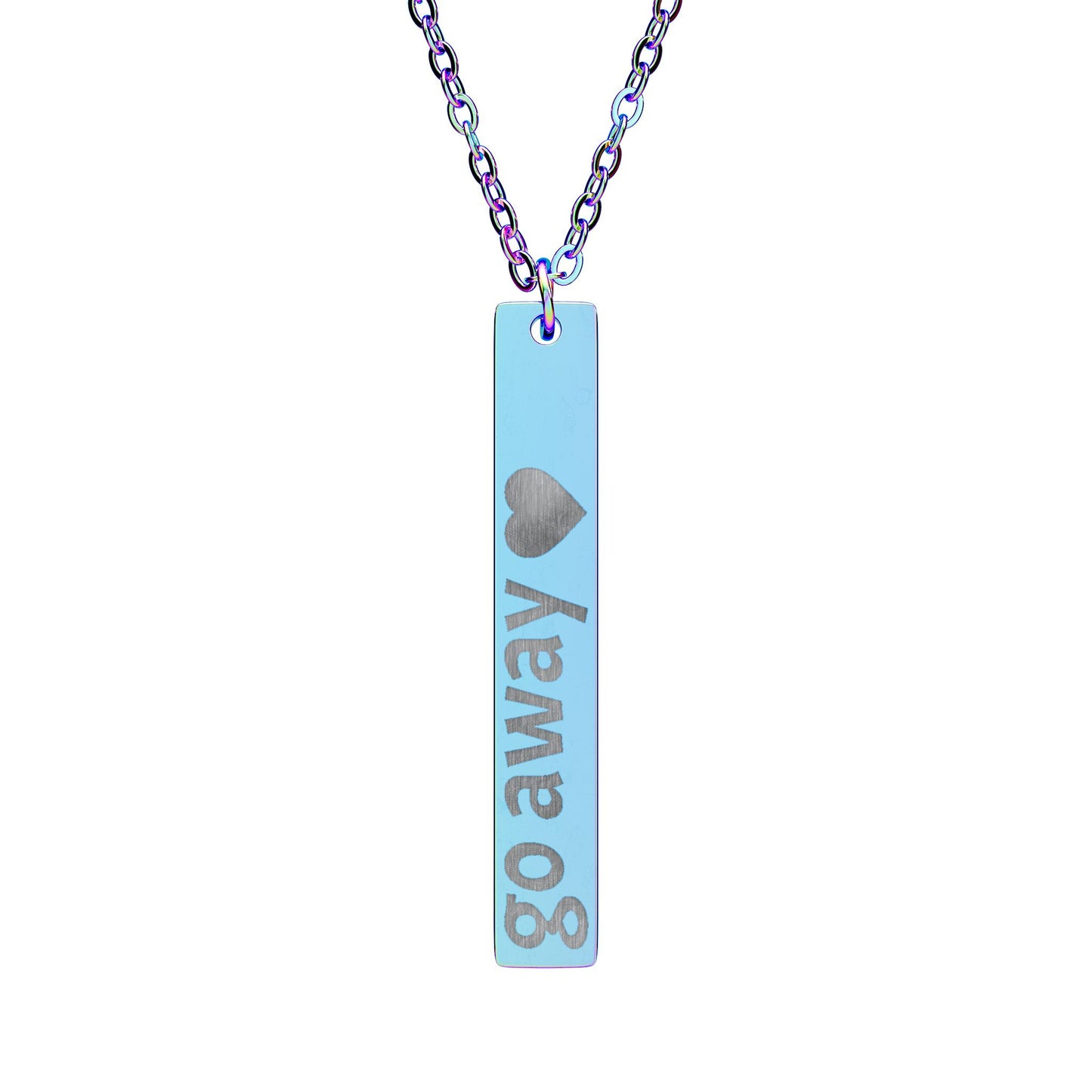 Vertical Bar Necklace — Engraved "go away" Pendant