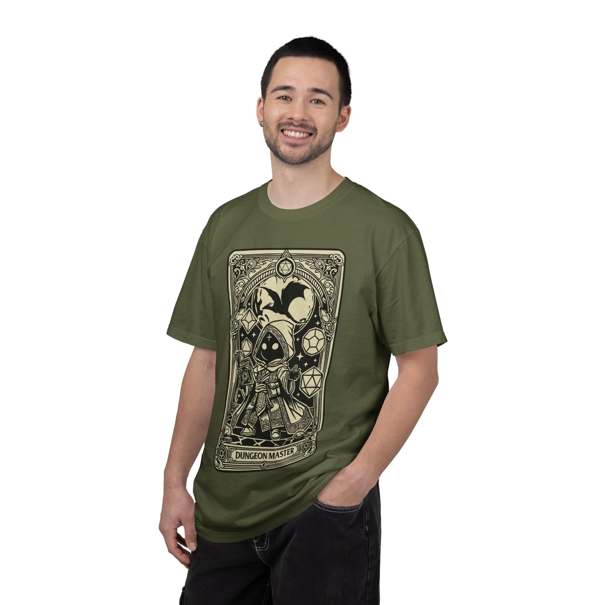 Man wearing a dark green t-shirt with a dungeon master design on a white background