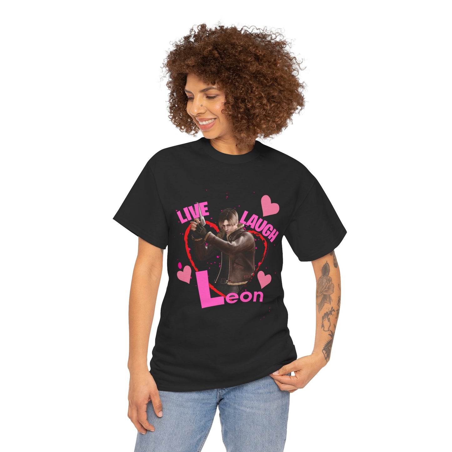 Resident Evil-inspired fan t-shirt featuring Leon S. Kennedy with heart graphics and the text ‘Live Laugh Leon.’ Perfect gift for Resident Evil fans and Valentine's Day.