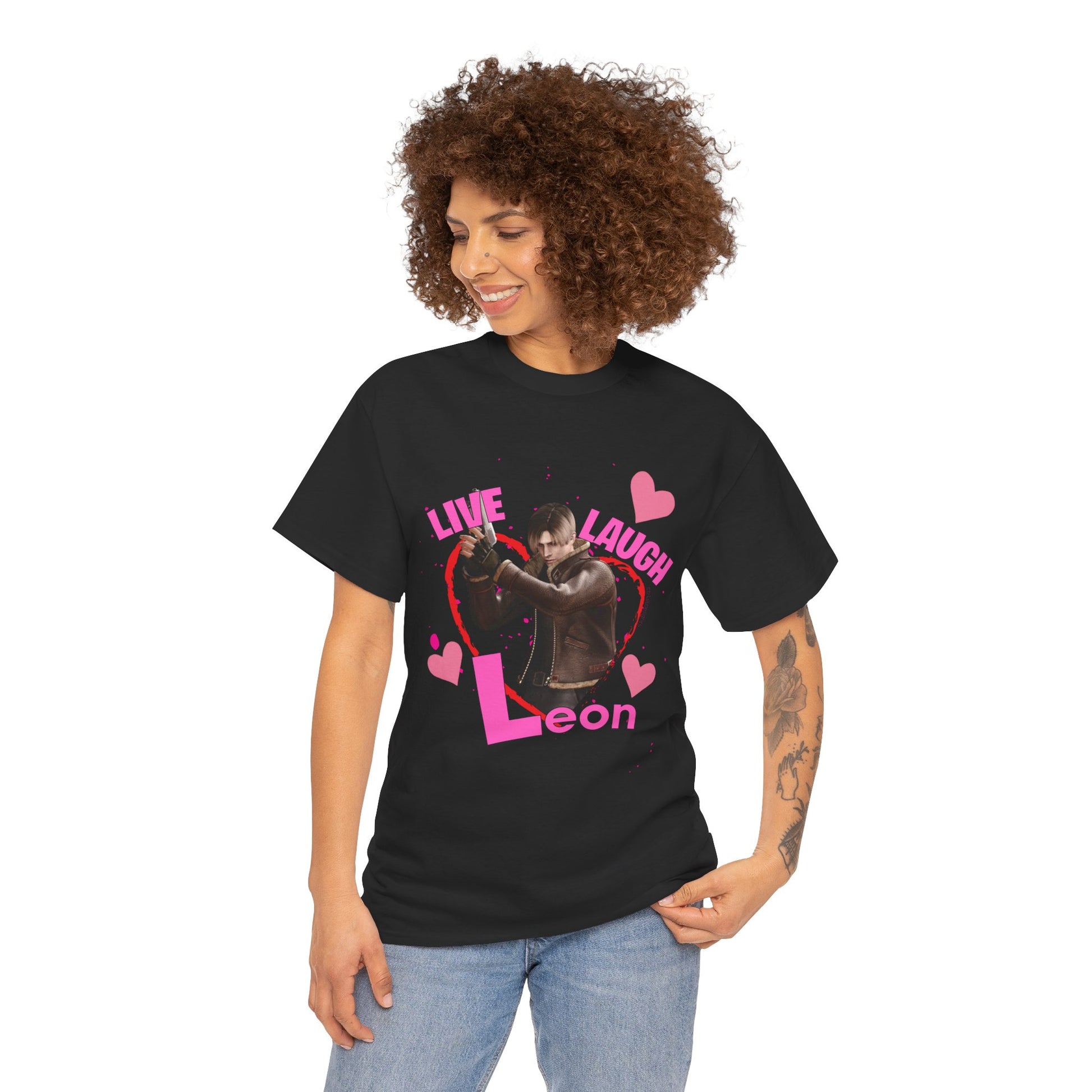Resident Evil-inspired fan t-shirt featuring Leon S. Kennedy with heart graphics and the text ‘Live Laugh Leon.’ Perfect gift for Resident Evil fans and Valentine's Day.