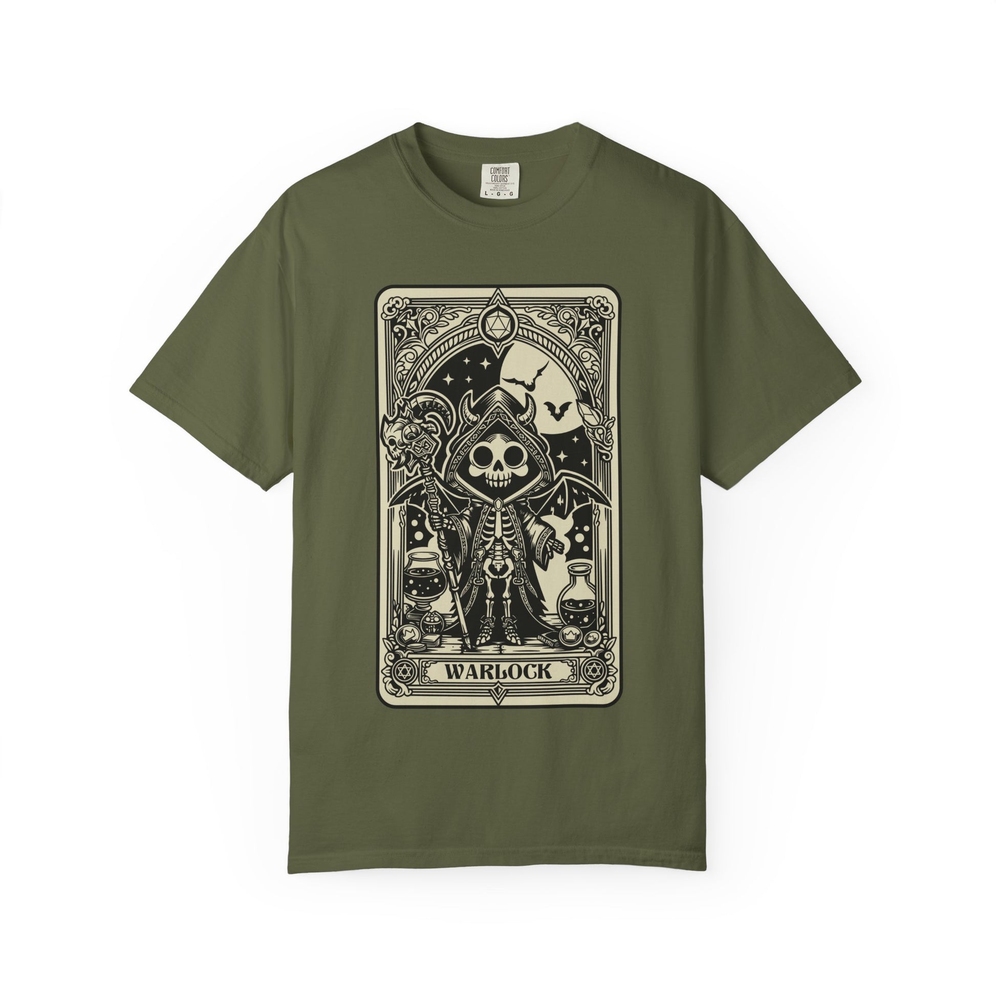 Green t-shirt with a Warlock skeleton and tarot card design on a white background