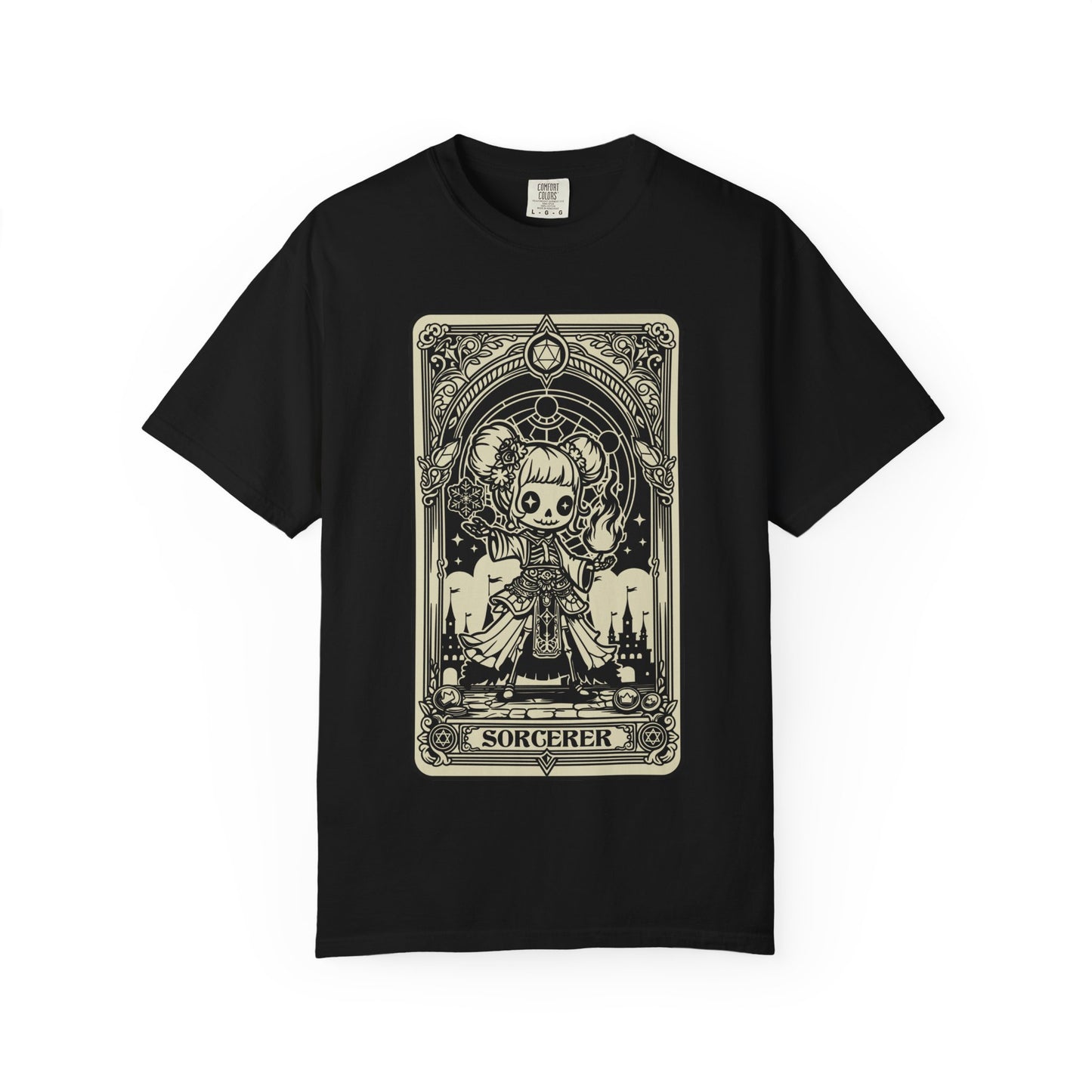 Black t-shirt with a tarot card-style graphic of a sorcerer on a white background