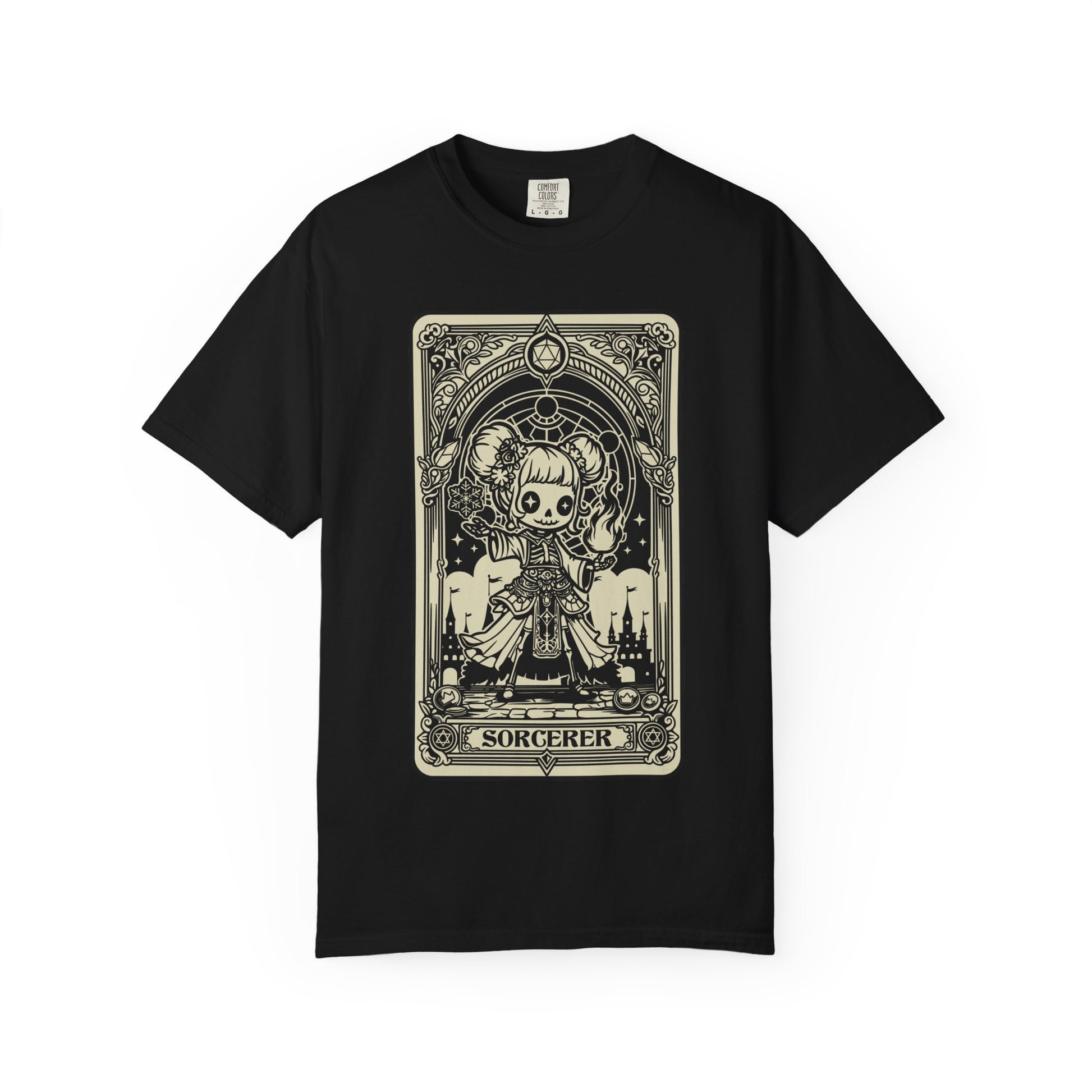 Black t-shirt with a tarot card-style graphic of a sorcerer on a white background