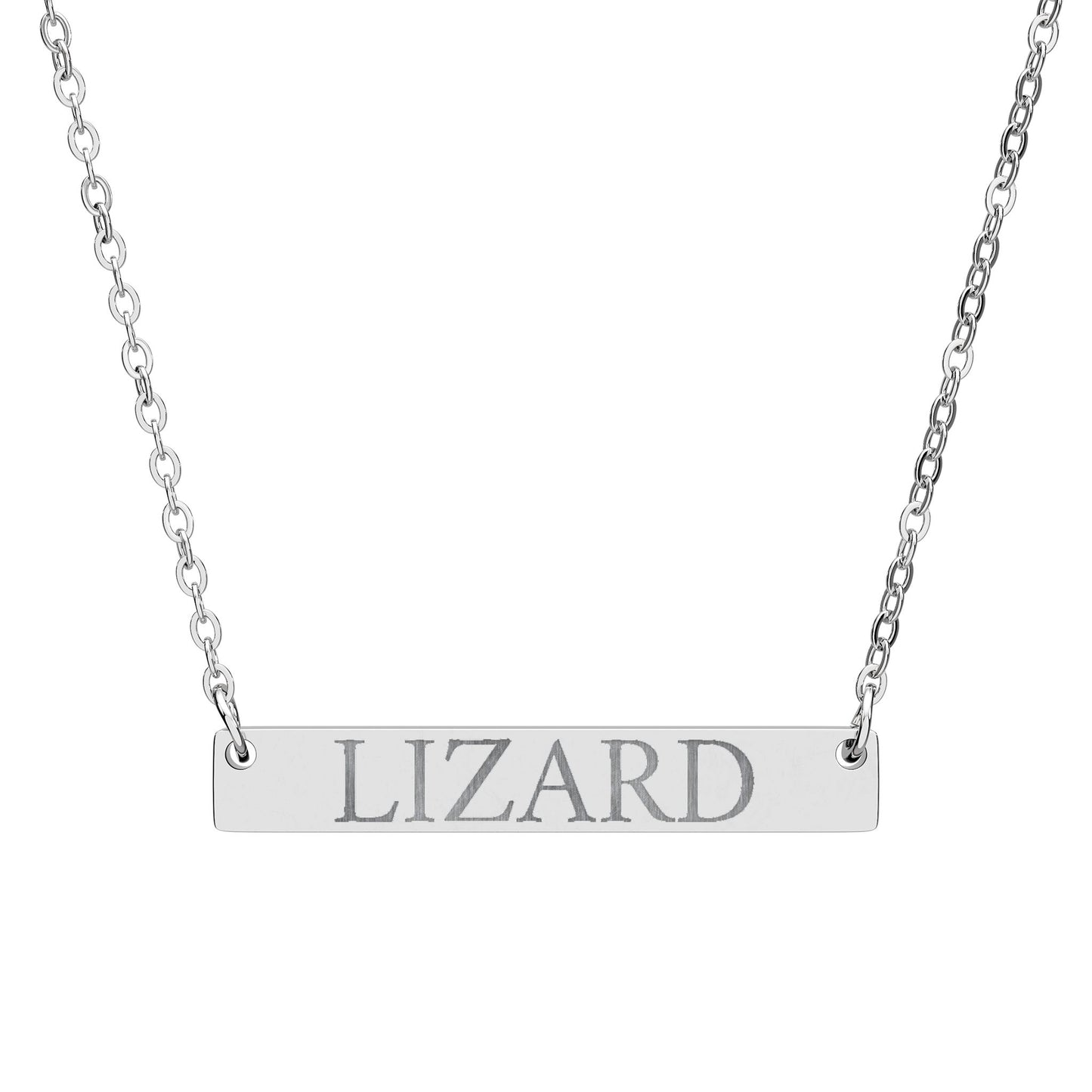 Statement Bar Necklace with the word LIZARD laser engraved on it for the Lizard Meme.