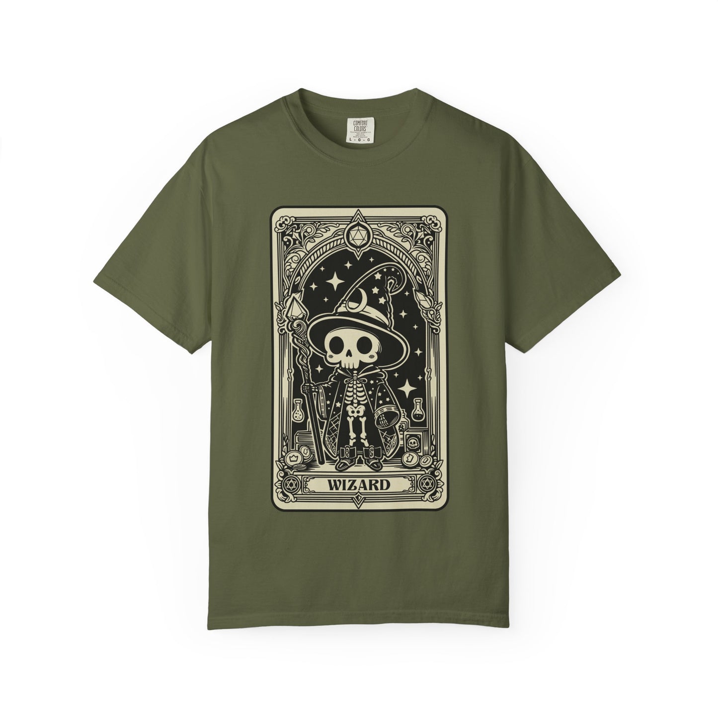 Green t-shirt with a skeleton wearing a wizard hat and 'Wizard' text on a white background