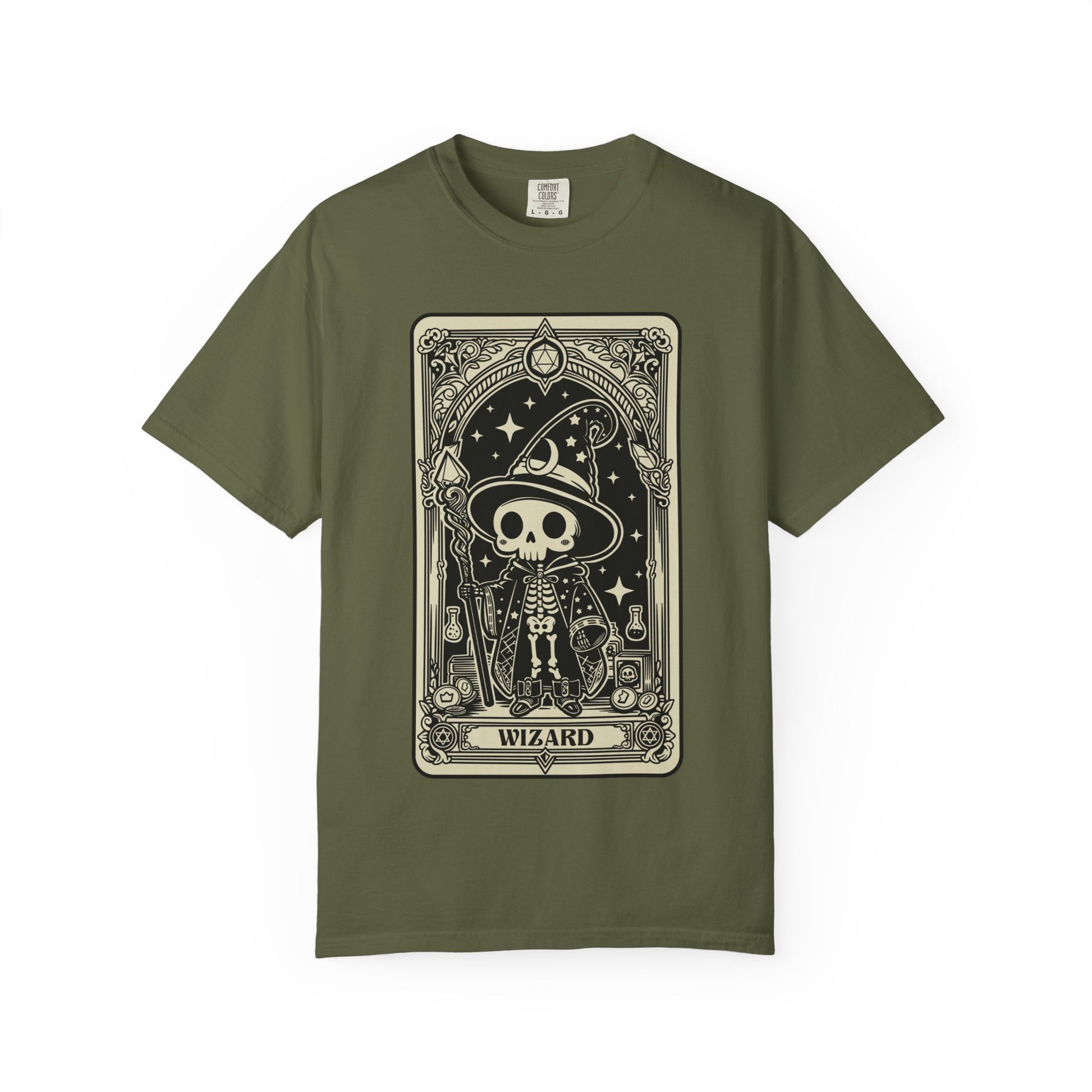 Green t-shirt with a skeleton wearing a wizard hat and 'Wizard' text on a white background