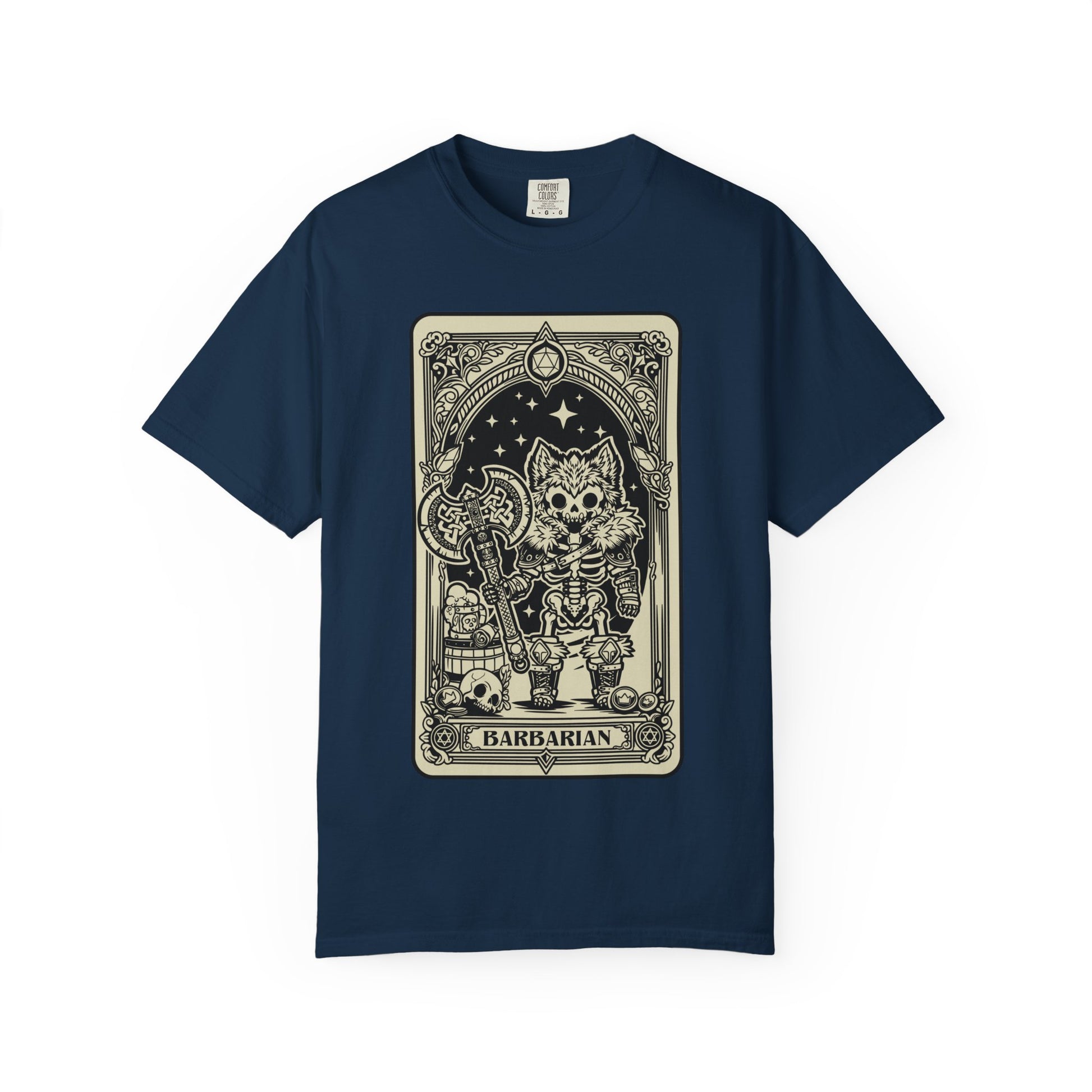 Navy blue t-shirt with a graphic design of a barbarian on a white background