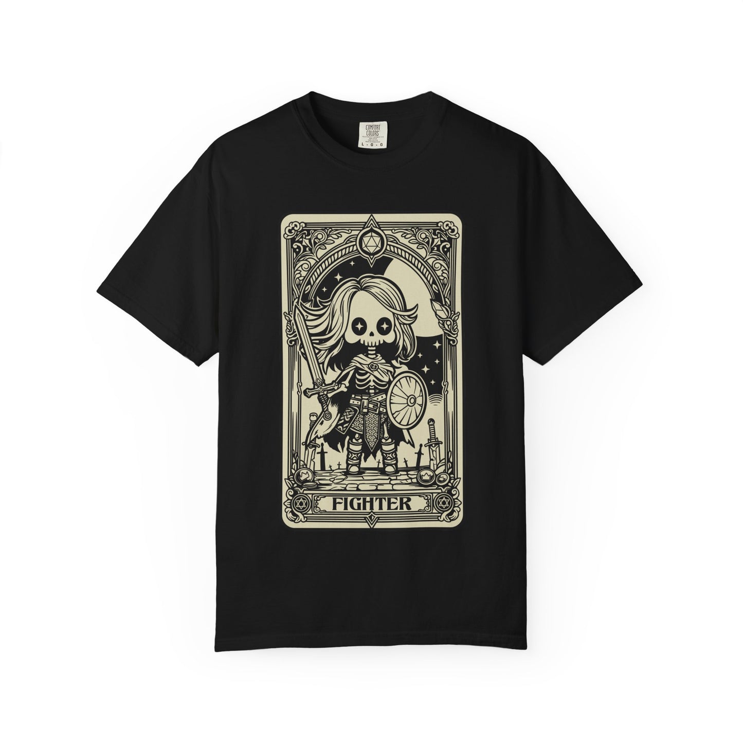 Black t-shirt with a tarot card-style graphic of a skeleton labeled 'Fighter' on a white background.