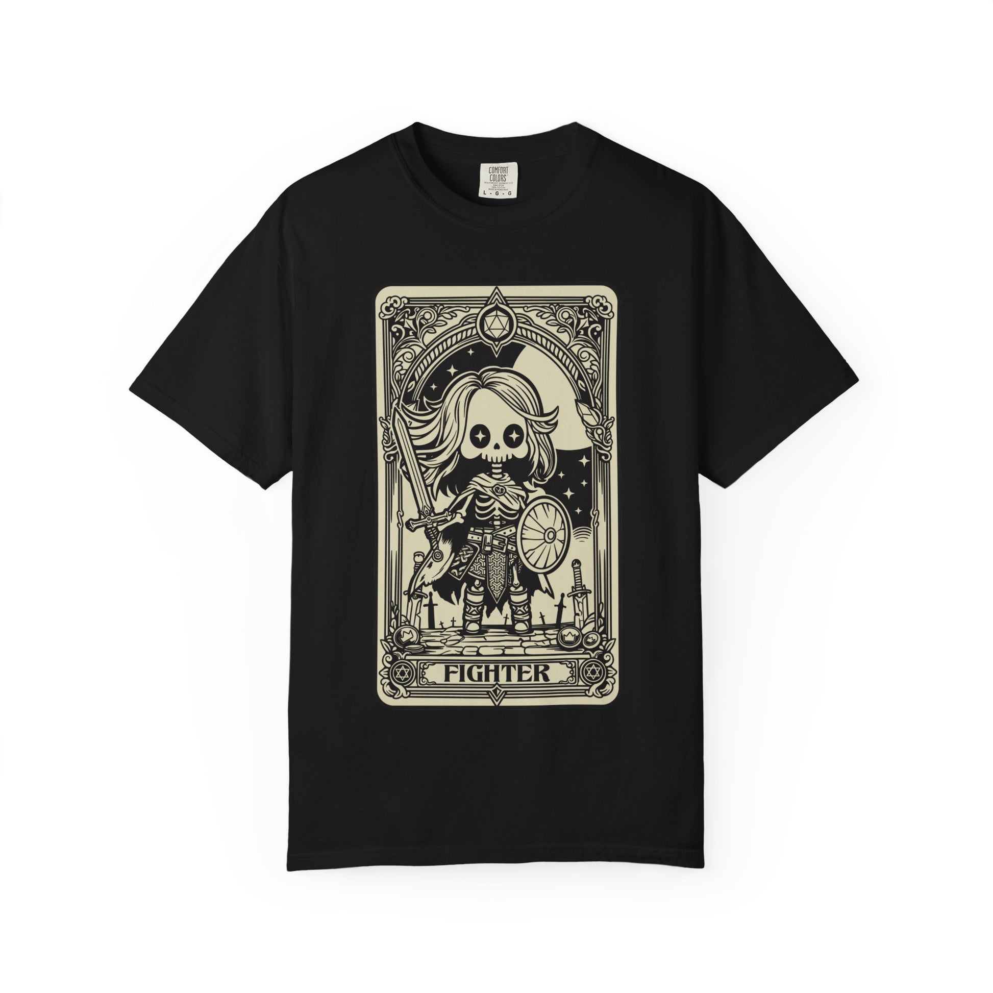 Black t-shirt with a tarot card-style graphic of a skeleton labeled 'Fighter' on a white background.