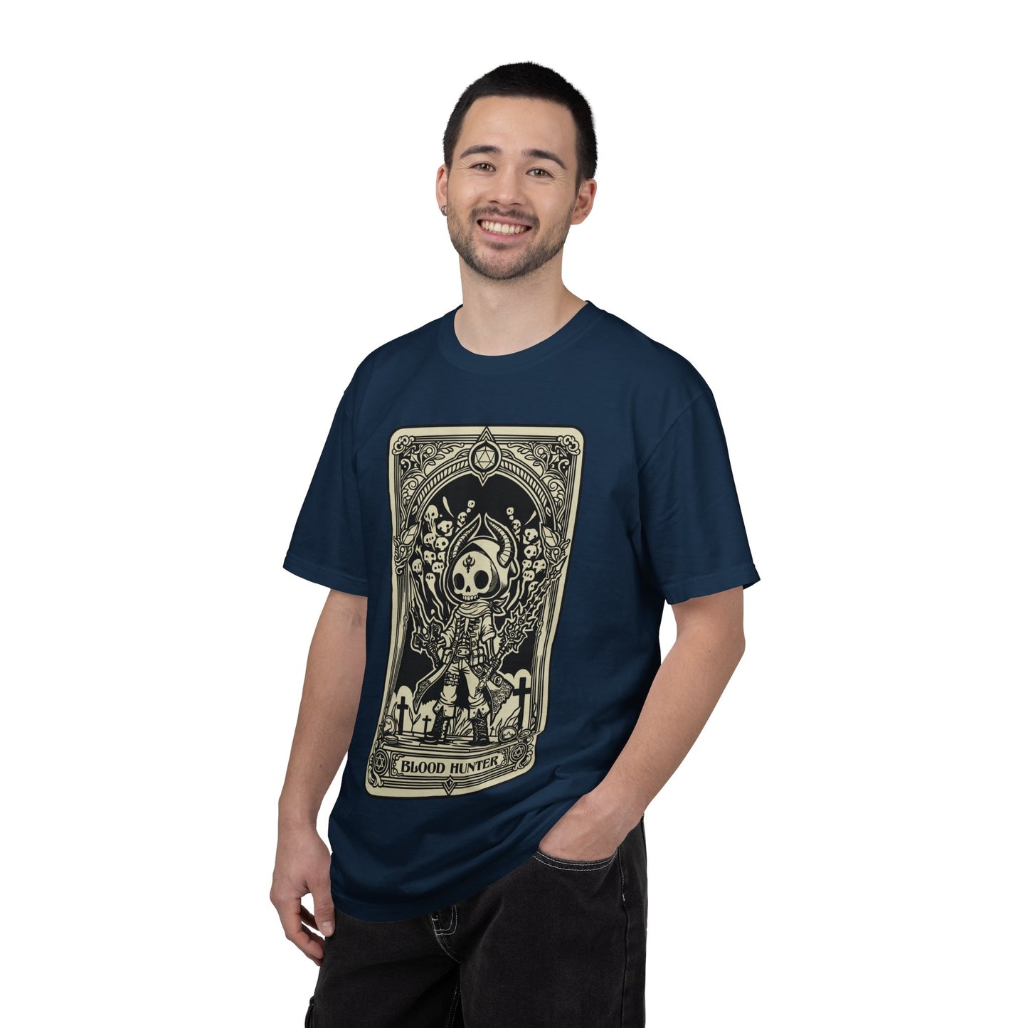 Man wearing a navy blue t-shirt with a DND Blood Hunter Tarot Card on a white background