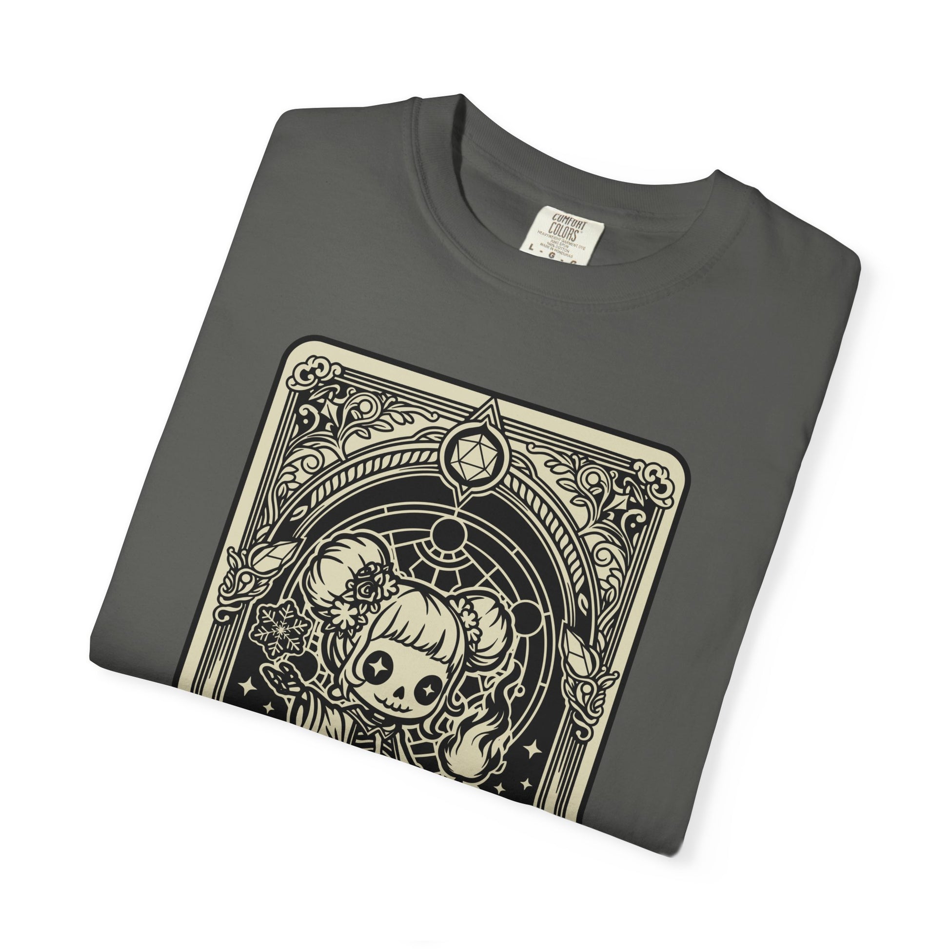 Folded gray t-shirt with black and white graphic Sorcerer design on a white background