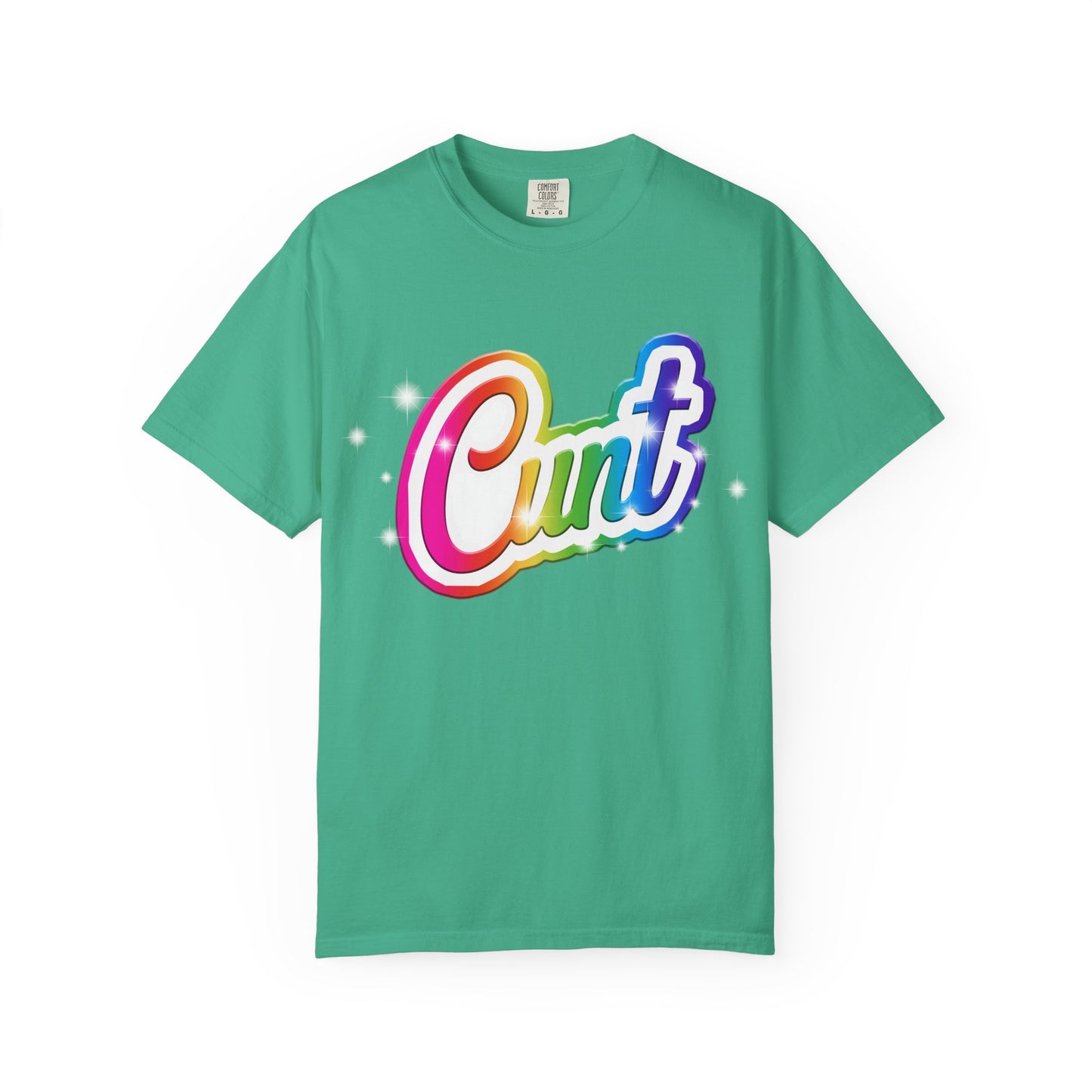 Unisex T-shirt with rainbow Lisa Frank style Cunt lettering.