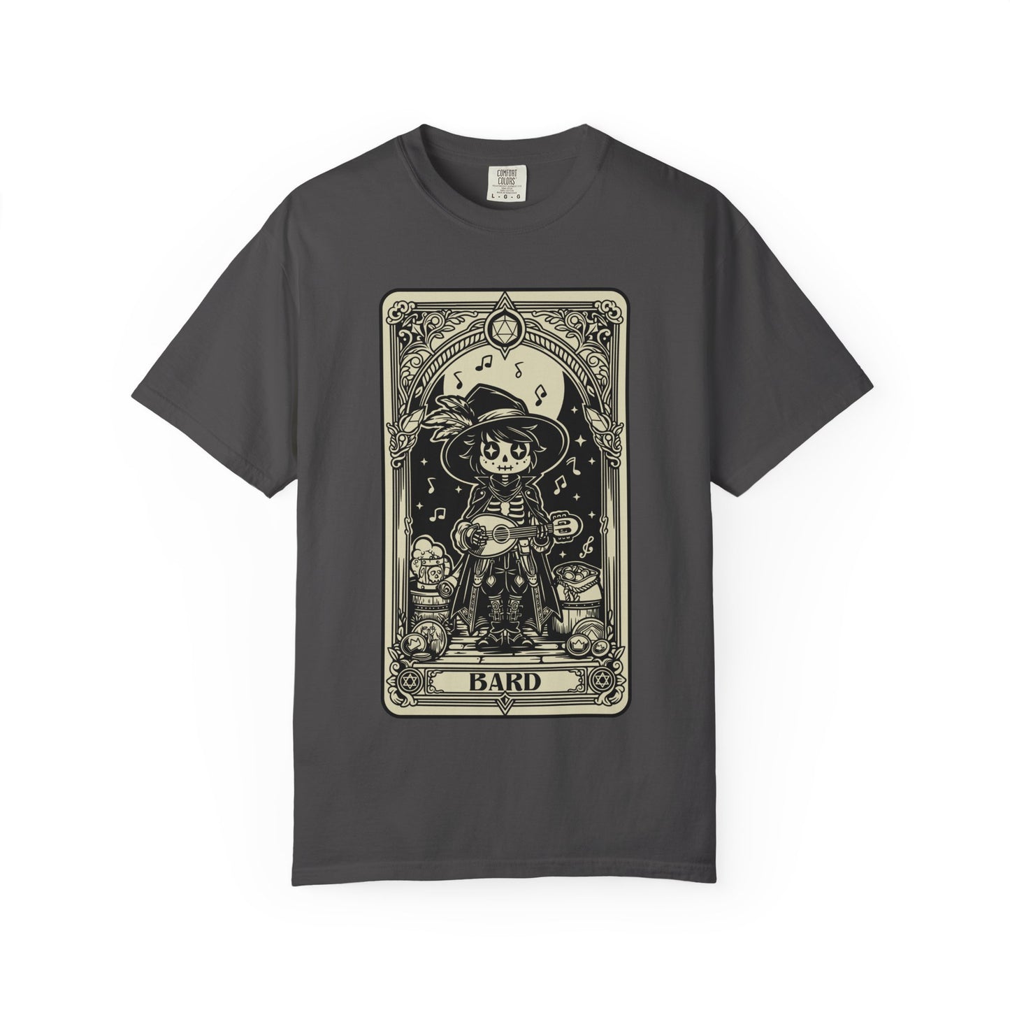 Gray t-shirt with a DND Bard Tarot design on a white background