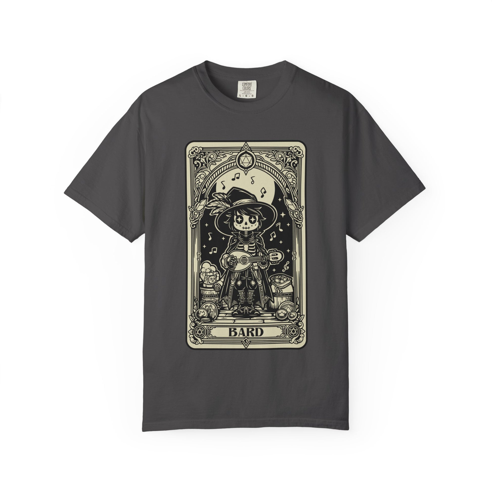Gray t-shirt with a DND Bard Tarot design on a white background