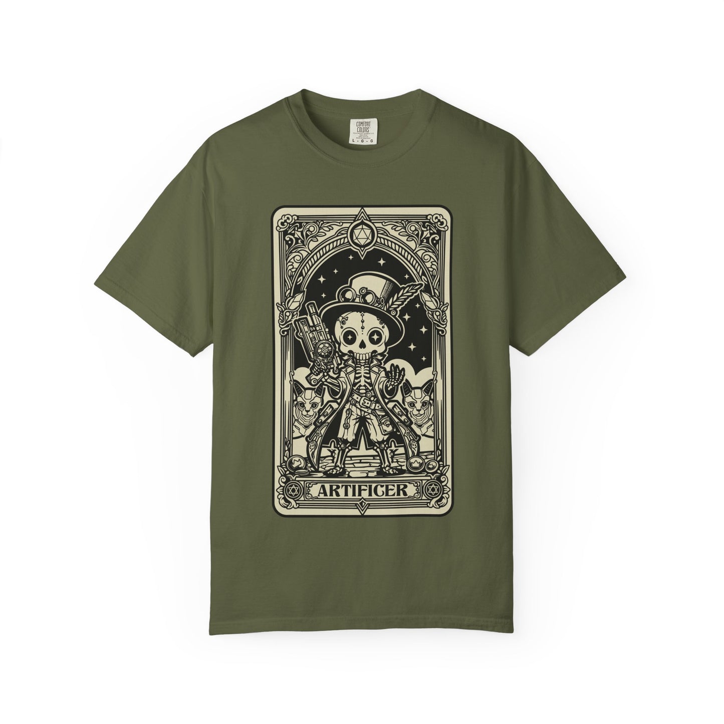Green DND Artificer t-shirt with a graphic tarot design on a white background