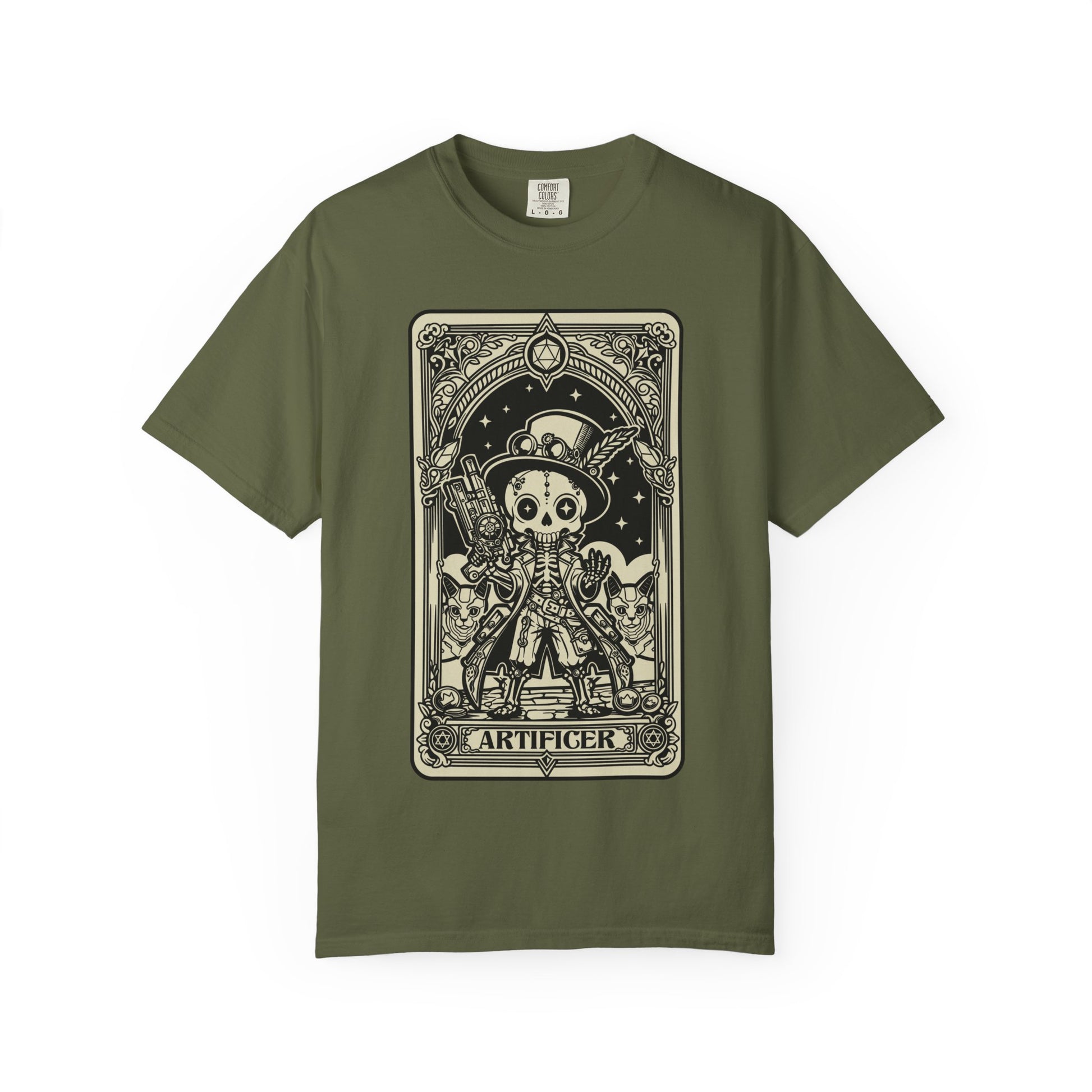 Green DND Artificer t-shirt with a graphic tarot design on a white background