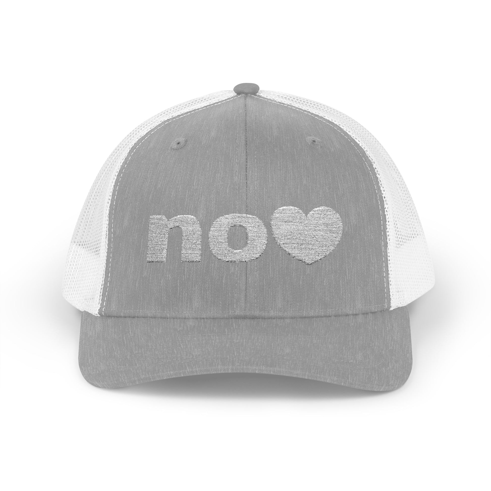 Trucker hat embroidered with NO and a heart.