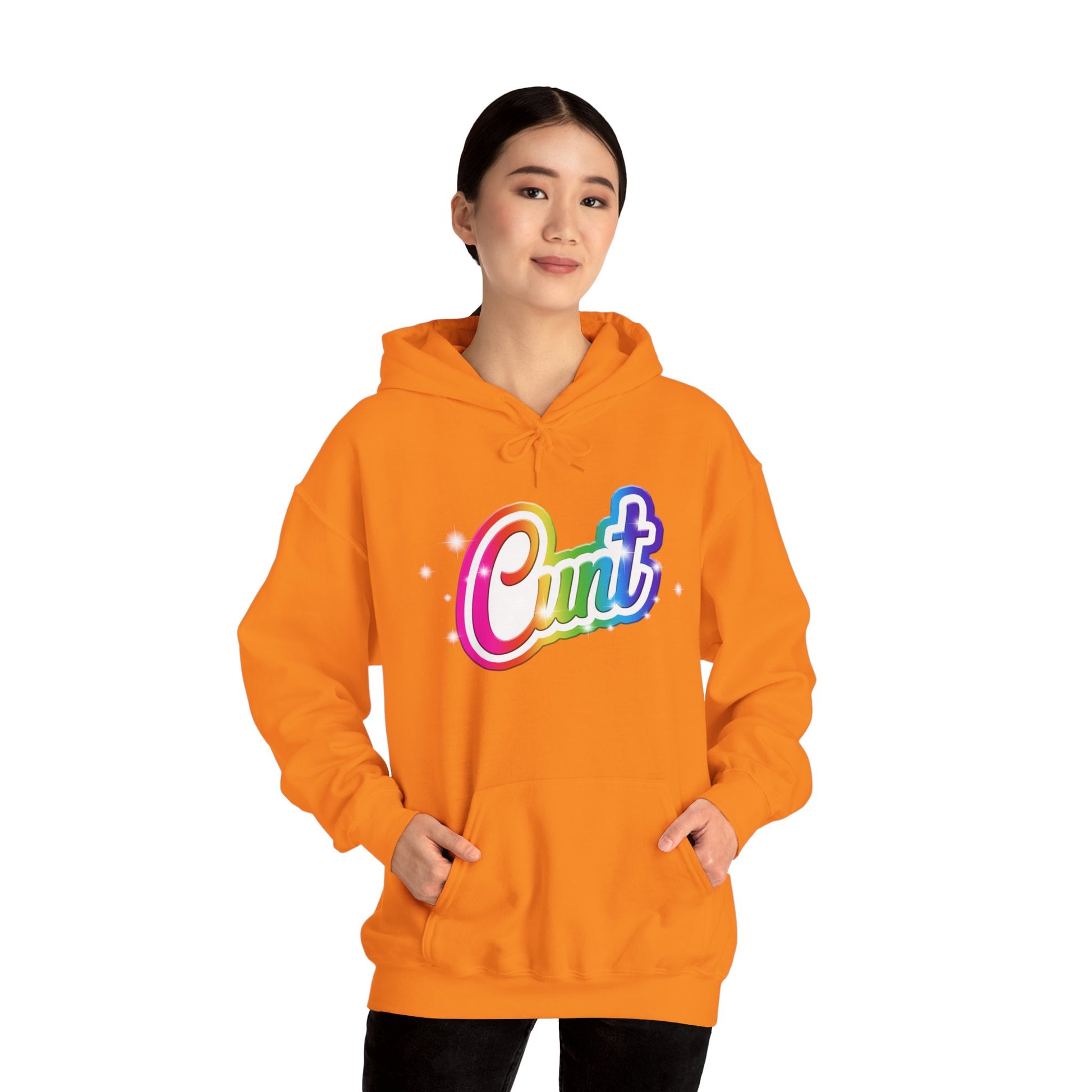 Unisex Hoodie with Lisa Frank Style lettering that says CUNT.