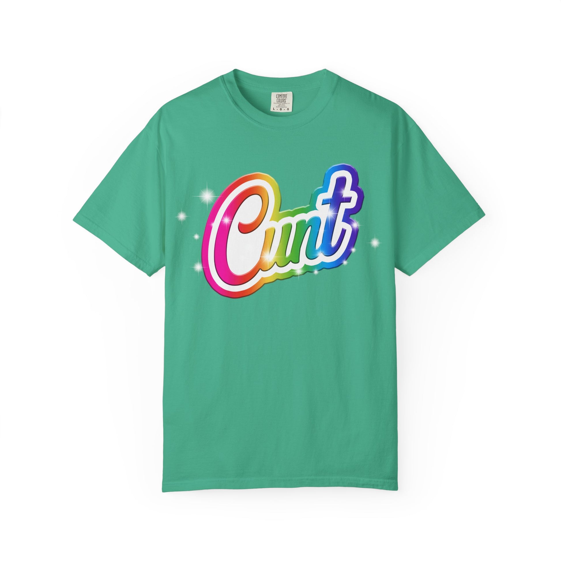 Unisex T-shirt with rainbow Lisa Frank style Cunt lettering.