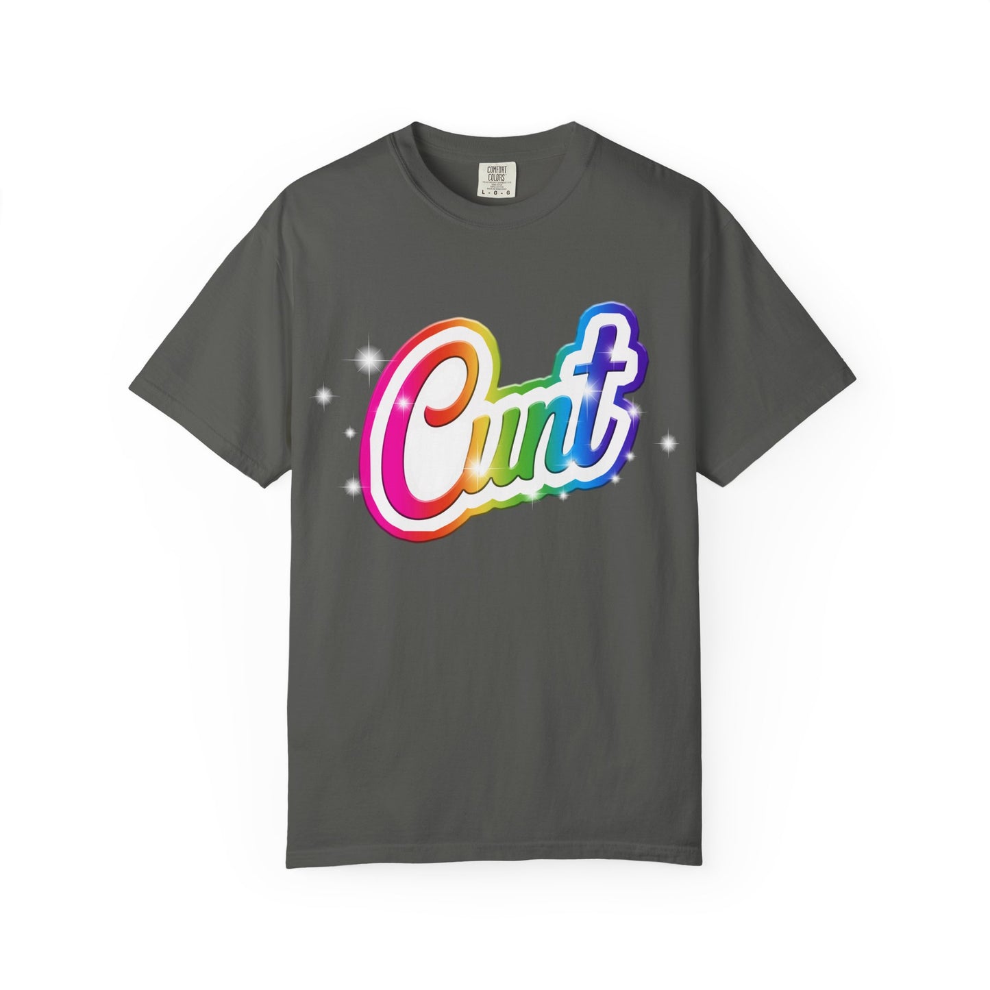 Unisex T-shirt with rainbow Lisa Frank style Cunt lettering.