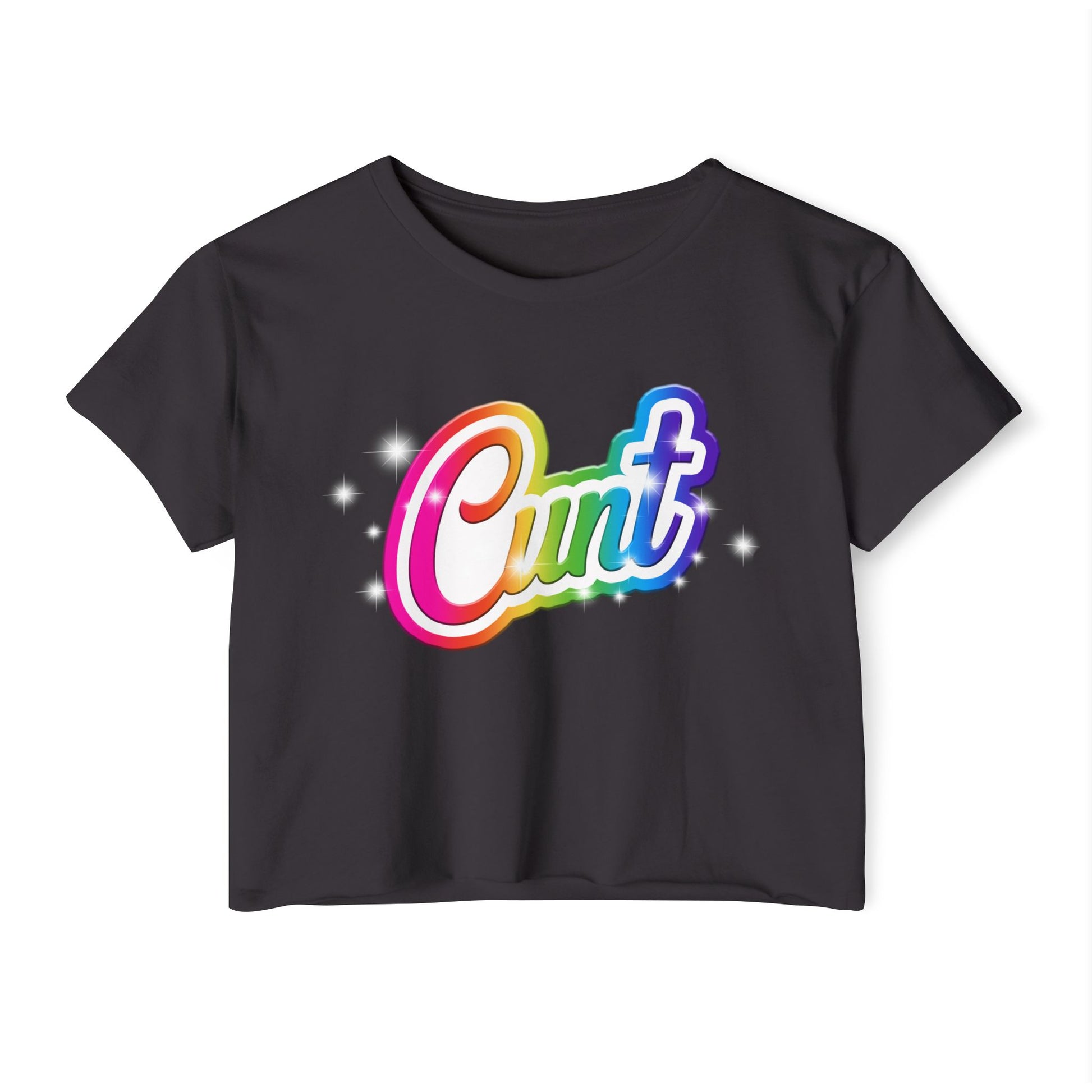 Crop top t-shirt with rainbow Lisa Frank style Cunt lettering.