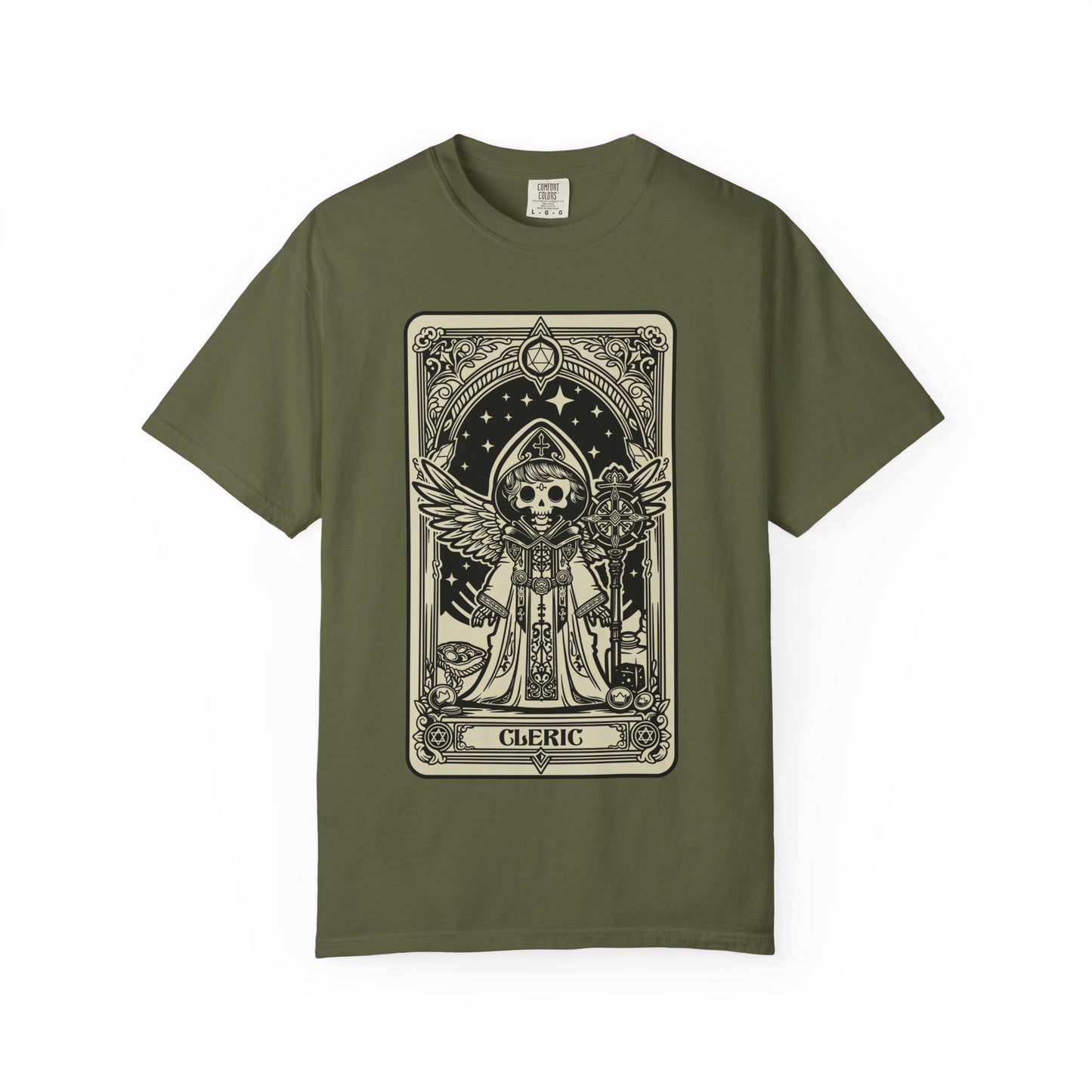 Green t-shirt with a DND Cleric graphic design on a white background