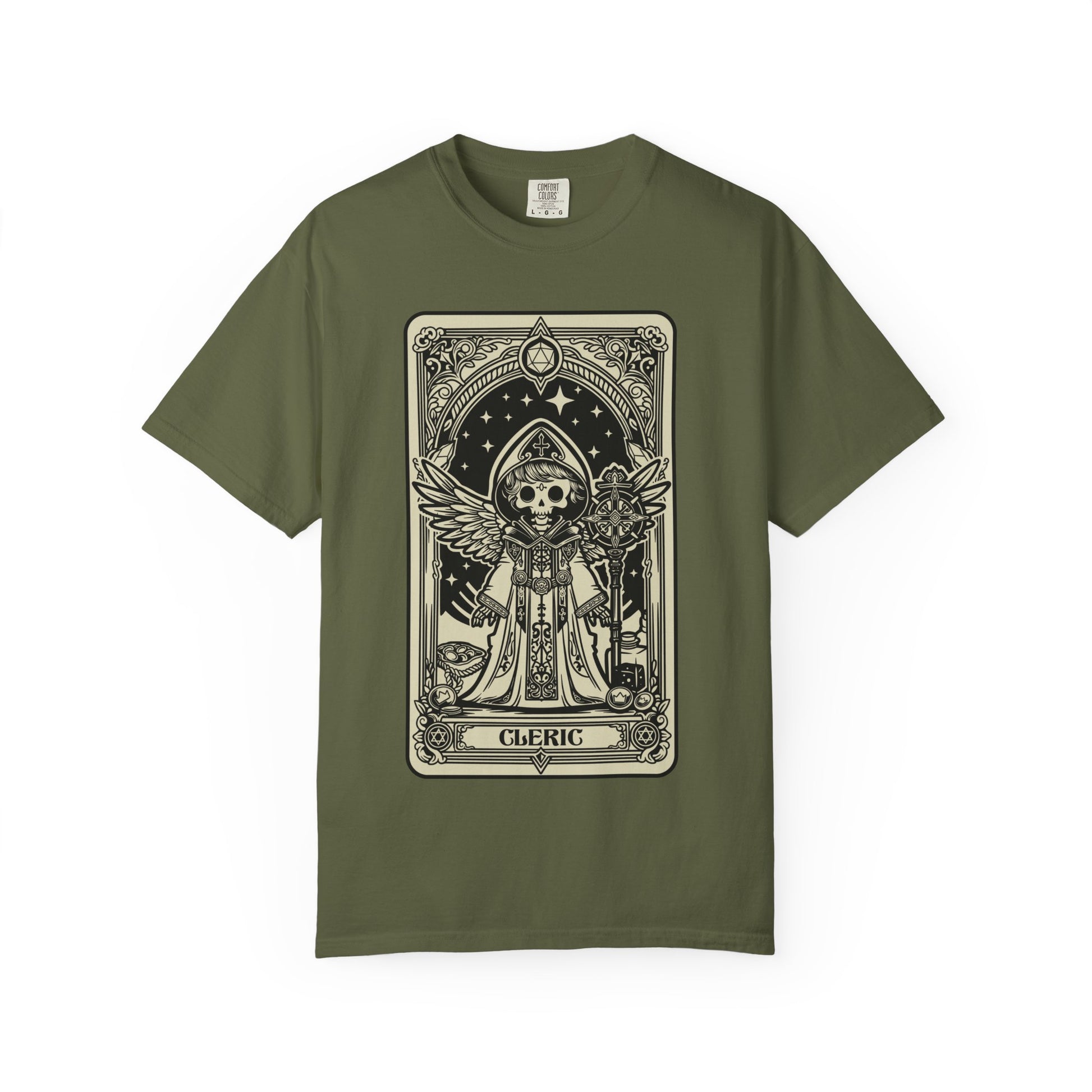 Green t-shirt with a DND Cleric graphic design on a white background