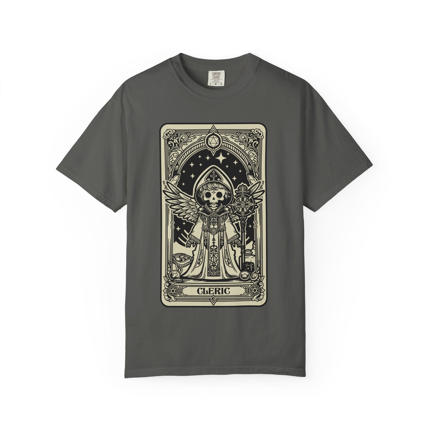 Gray t-shirt with a DND Cleric tarot card-style graphic on a white background