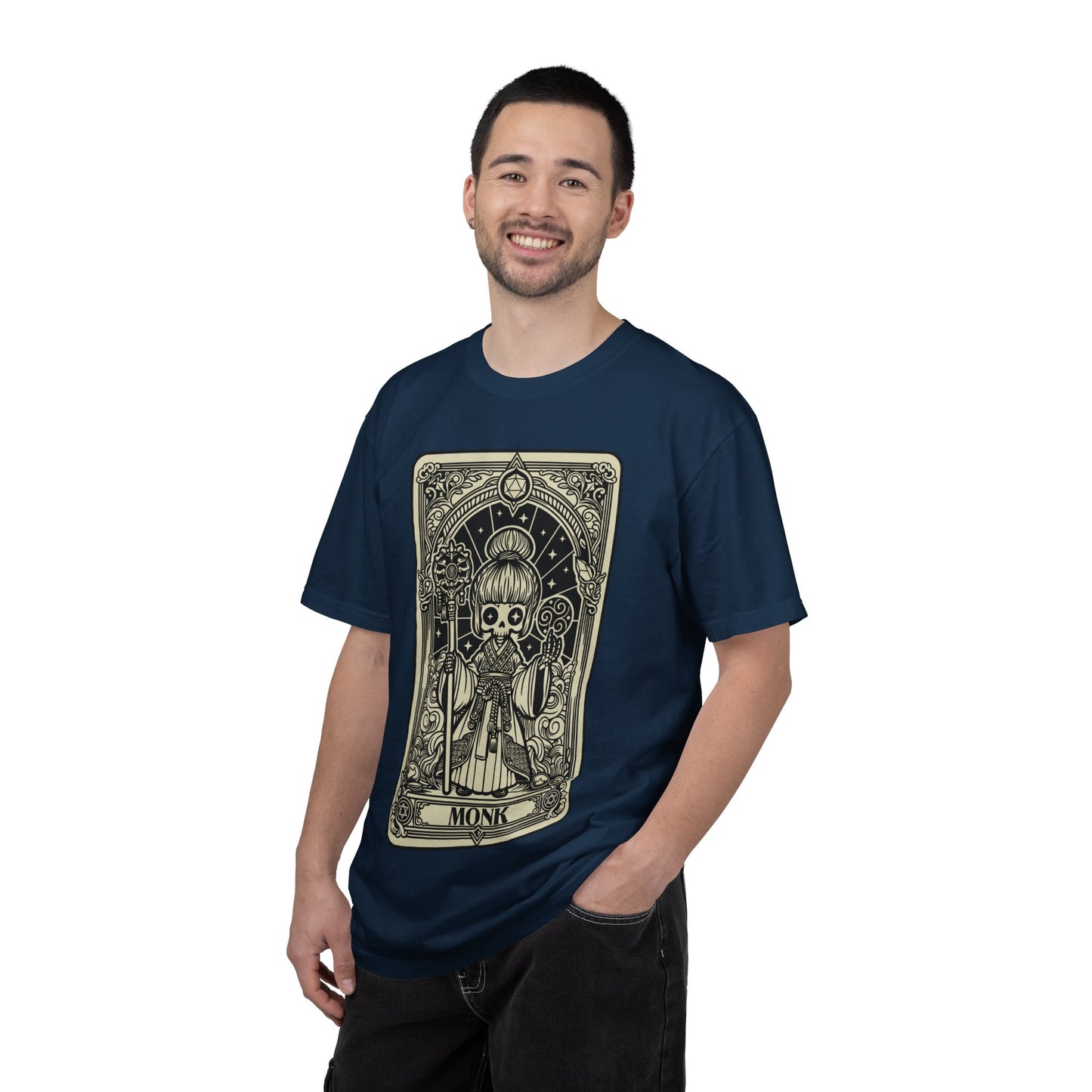 Man wearing a navy blue t-shirt with a graphic Monk design on a white background