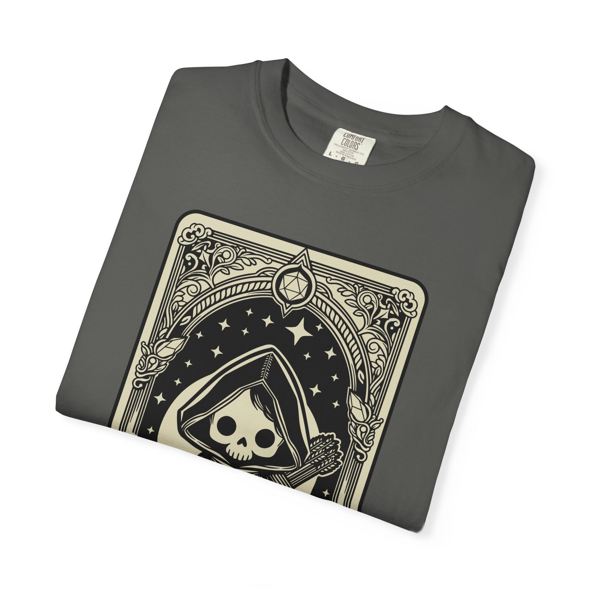 Folded gray t-shirt with a black and white graphic Ranger design on a white background