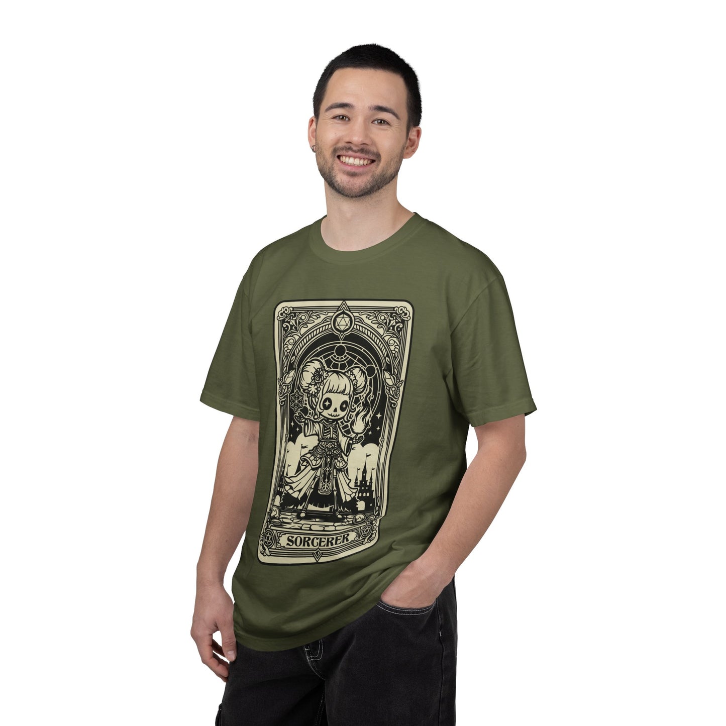 Man wearing a green t-shirt with a graphic DND Sorcerer design on a white background