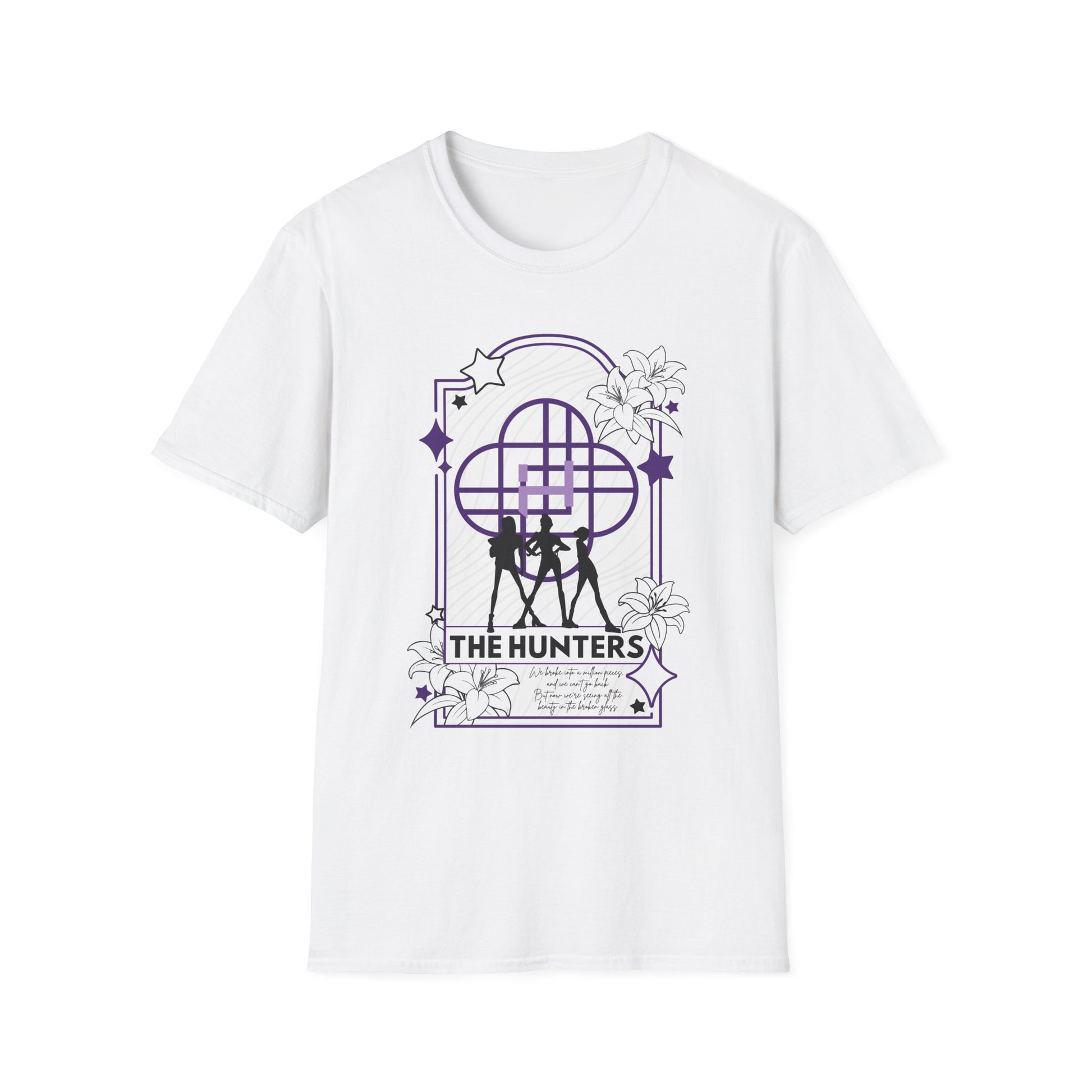 KPOP-inspired Huntrix tarot card t-shirt featuring Huntrix as The Hunters. Perfect for fans of KPOP, tarot, and unique fashion.
