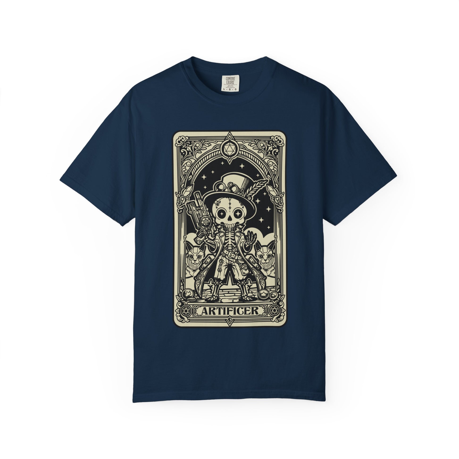 Navy Blue DND Artificer t-shirt with a graphic tarot design on a white background