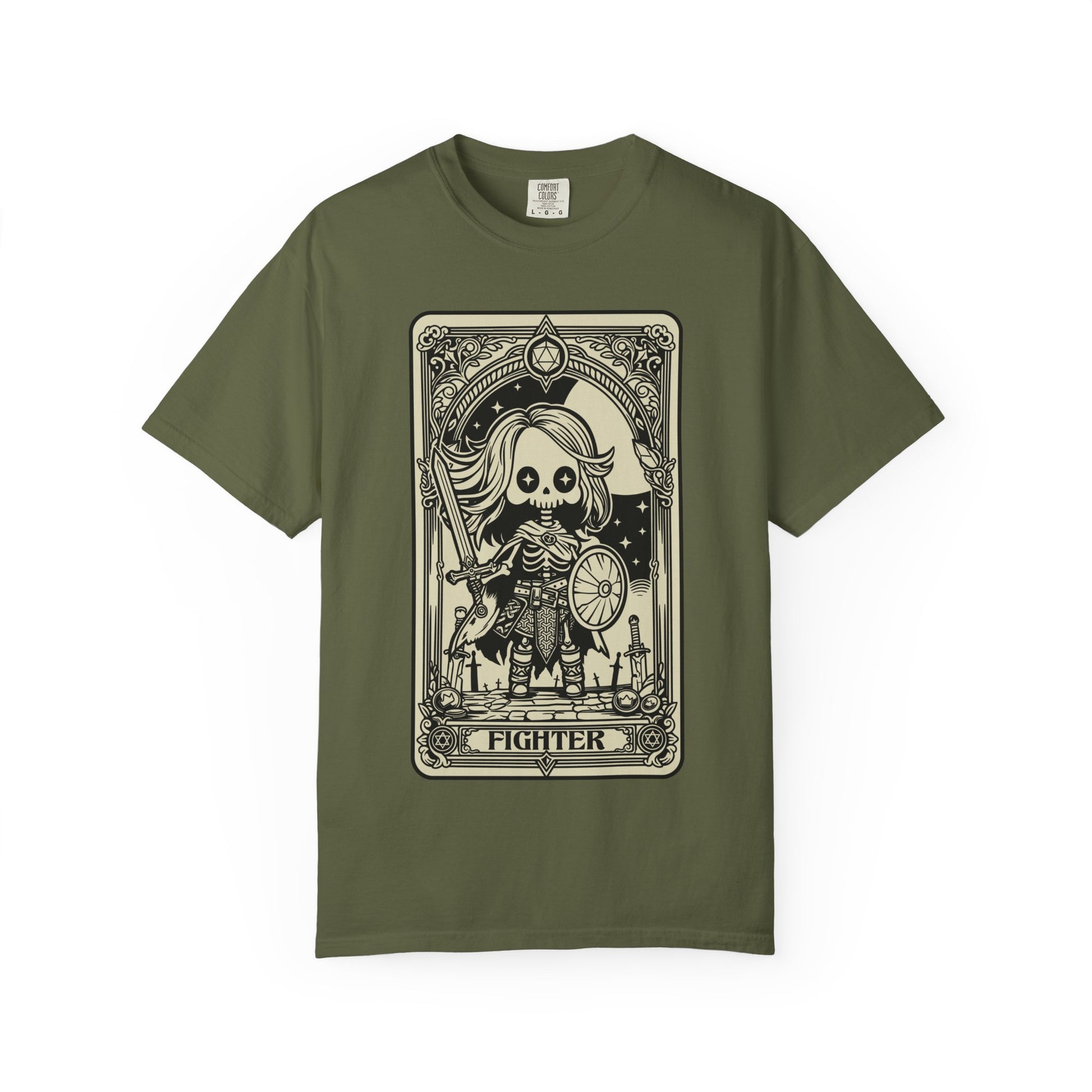 Green t-shirt with a graphic design of a skeleton in warrior attire labeled 'Fighter' on a white background.