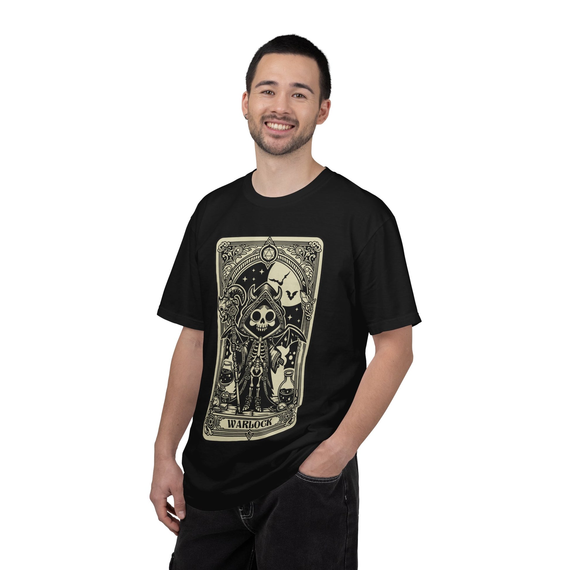 Man wearing a black t-shirt with a DND Warlock graphic design on a white background